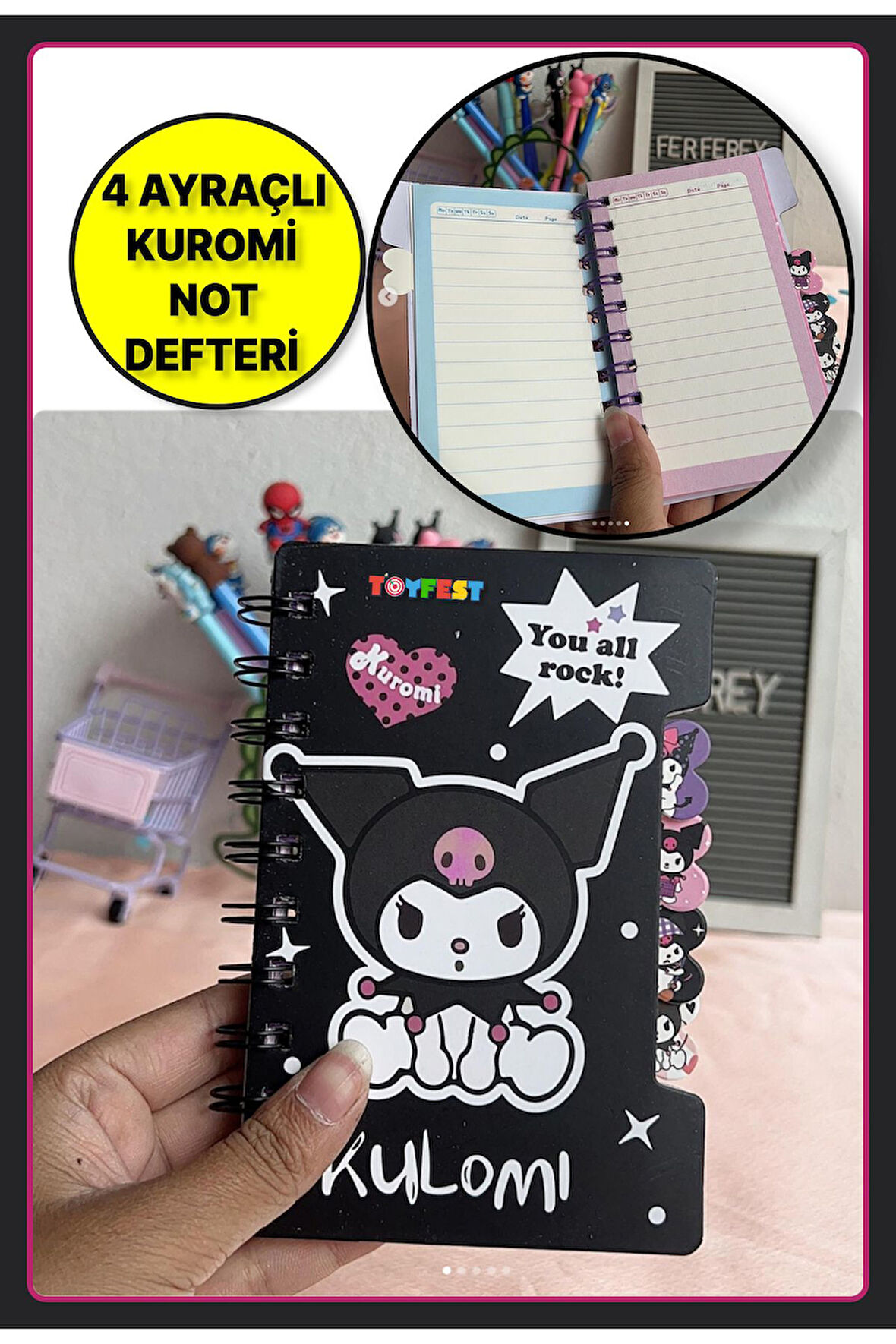 4 Ayraçlı Kuromi Figürlü Mini Cep Not Defteri Notluk - Model 1