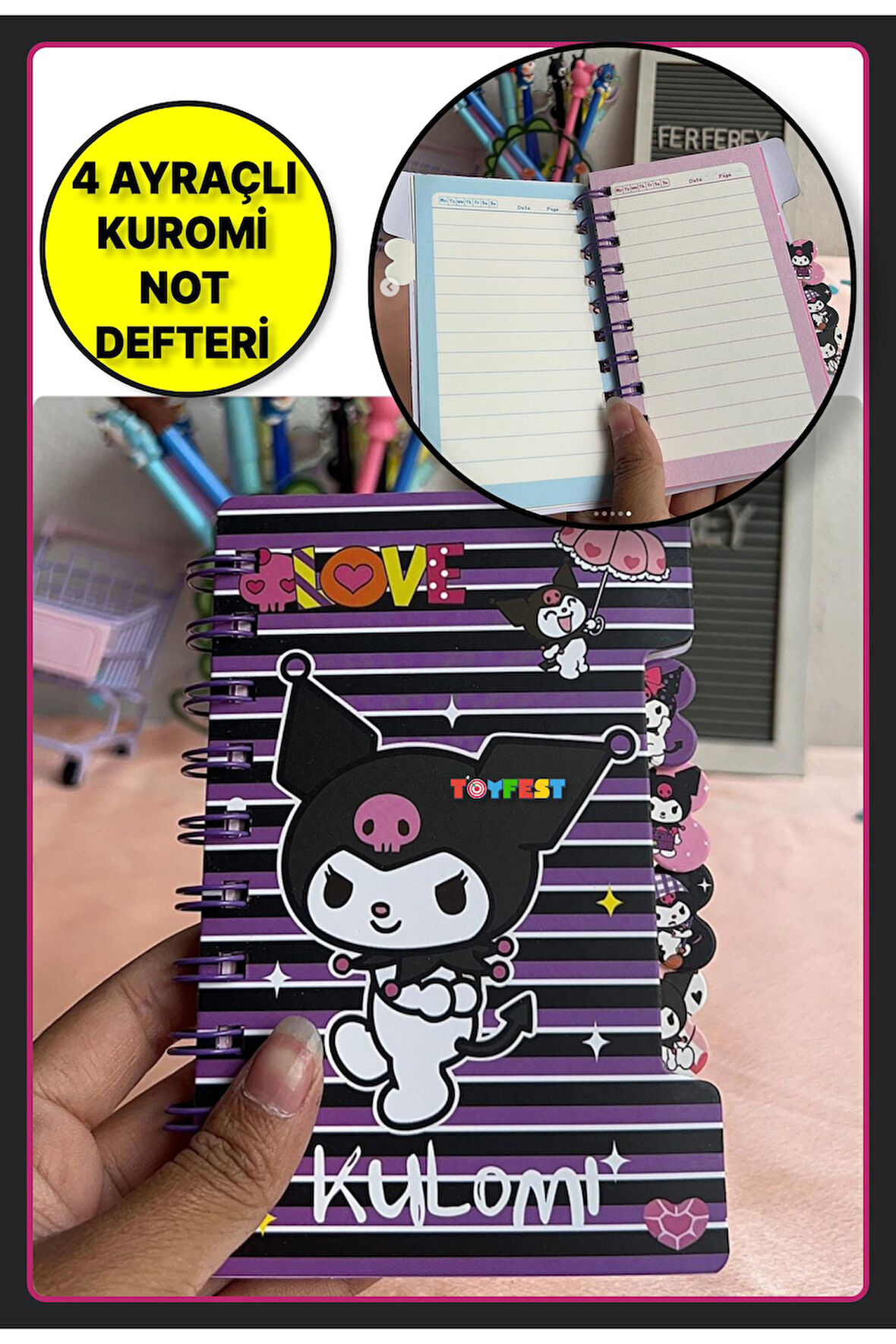 4 Ayraçlı Kuromi Figürlü Mini Cep Not Defteri Notluk - Model 2