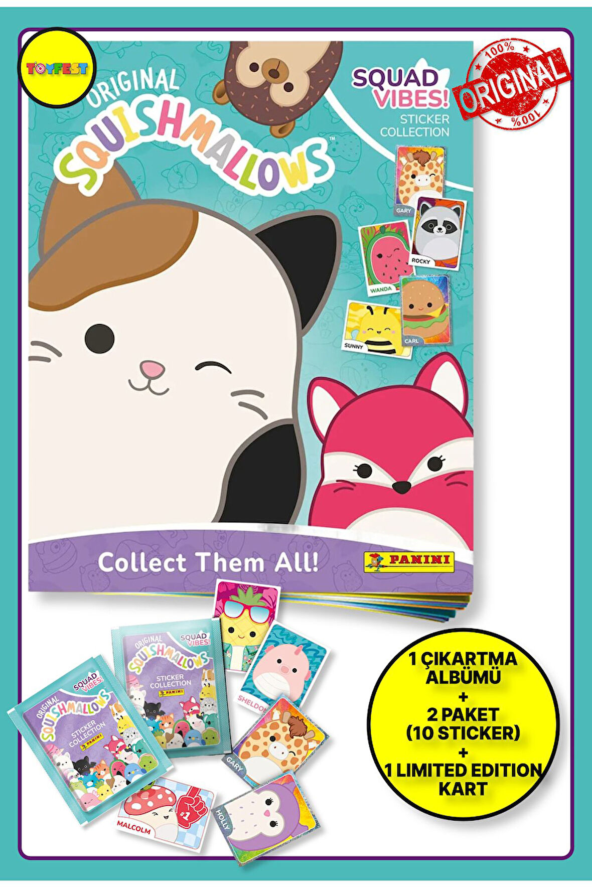 Panini Squishmallows Sticker Çıkartma Albüm Dergisi + 2 Paket (10 Adet Sticker)+ 1 Adet Limited Kart