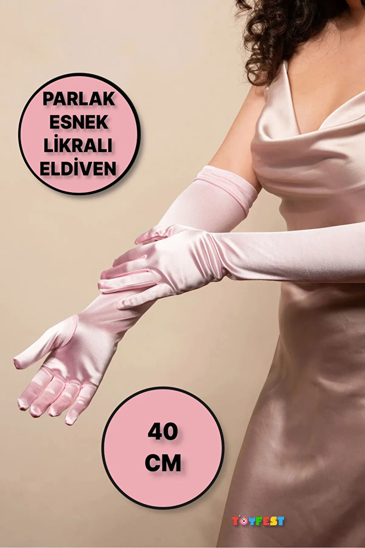 Uzun Boy Parlak Esnek Likralı Eldiven 40 Cm - 1 Çift- Pembe