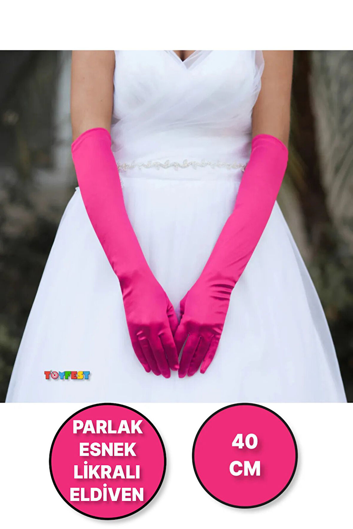 Uzun Boy Parlak Esnek Likralı Eldiven 40 Cm - 1 Çift - Fuşya