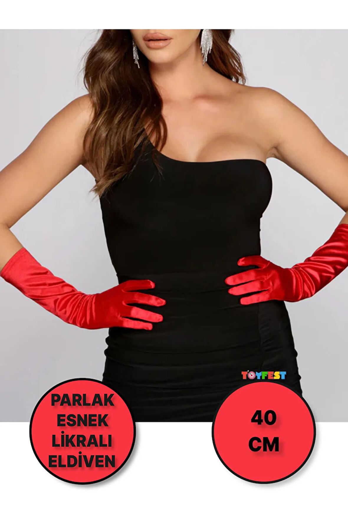 Uzun Boy Parlak Esnek Likralı Eldiven 40 Cm - 1 Çift - Kırmızı