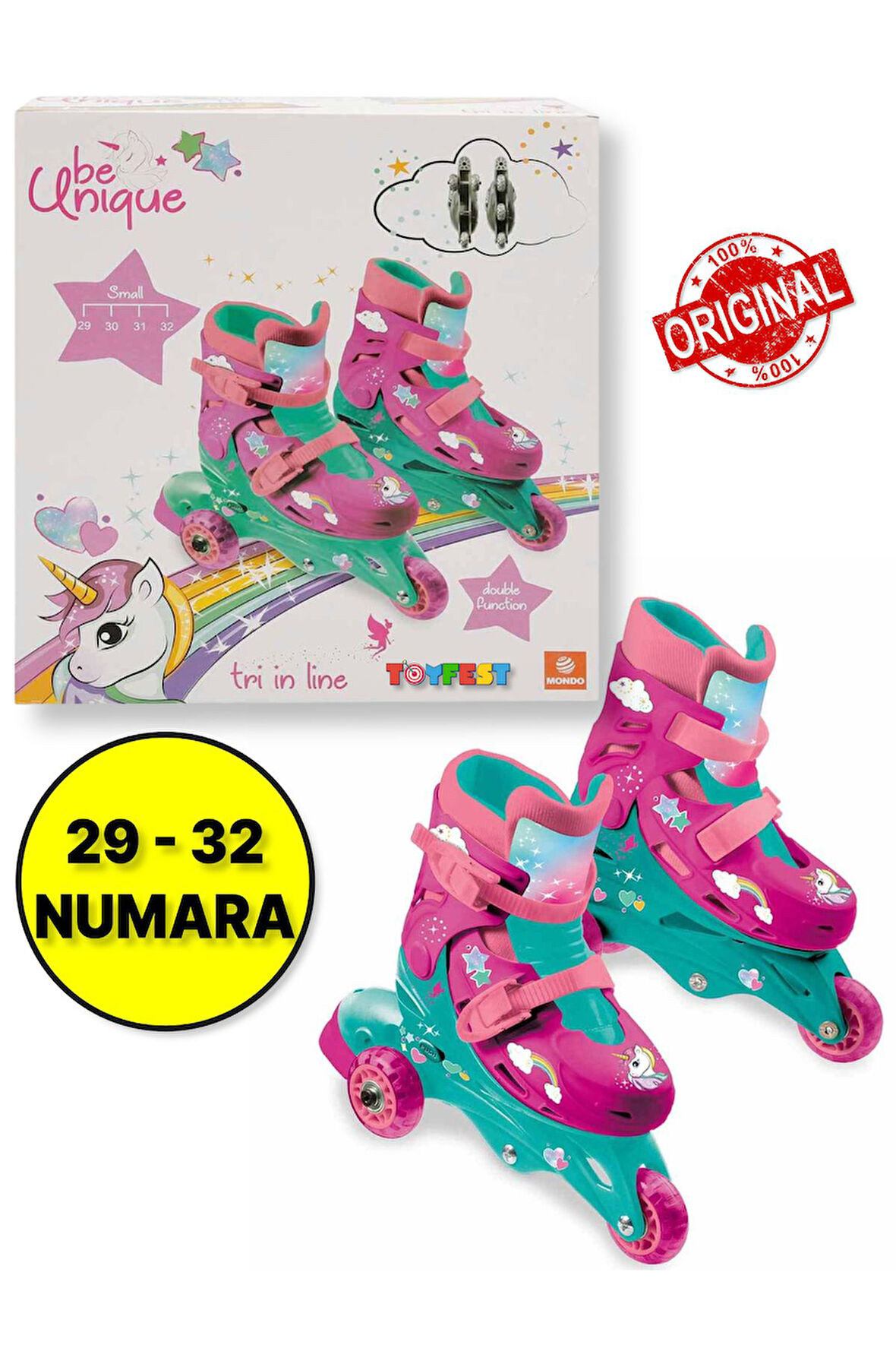 Unicorn Desenli Inline 3 Tekerlekli Paten - (29 - 32 Numara için Ayarlanabilir)