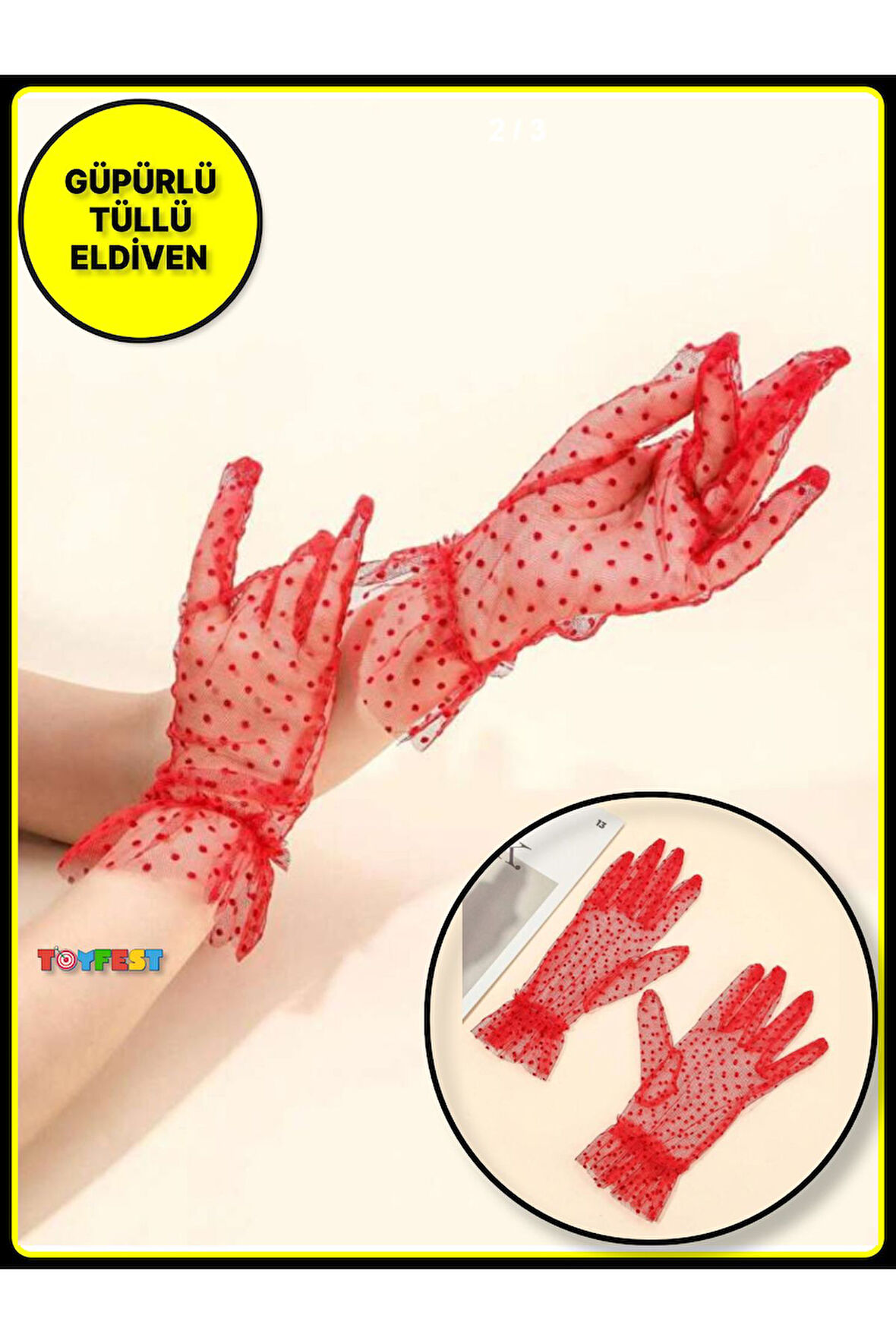 Güpürlü Tüllü Puantiyeli Şeffaf Parti Kostüm Kına Düğün & Gelin Eldiveni KIRMIZI