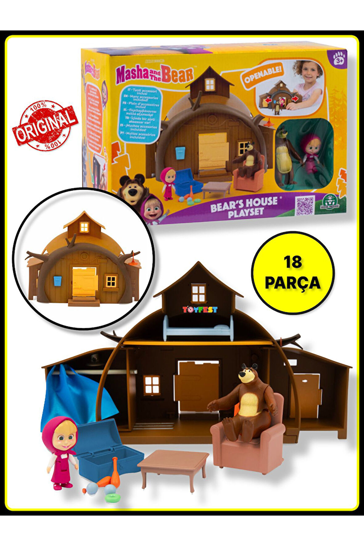 Masha ile Koca Ayı 2 li Figür ve Eşyalı Ev Oyun Seti - Masha and The Bear (Ev+ 2 Figür+ 15 Aksesuar)