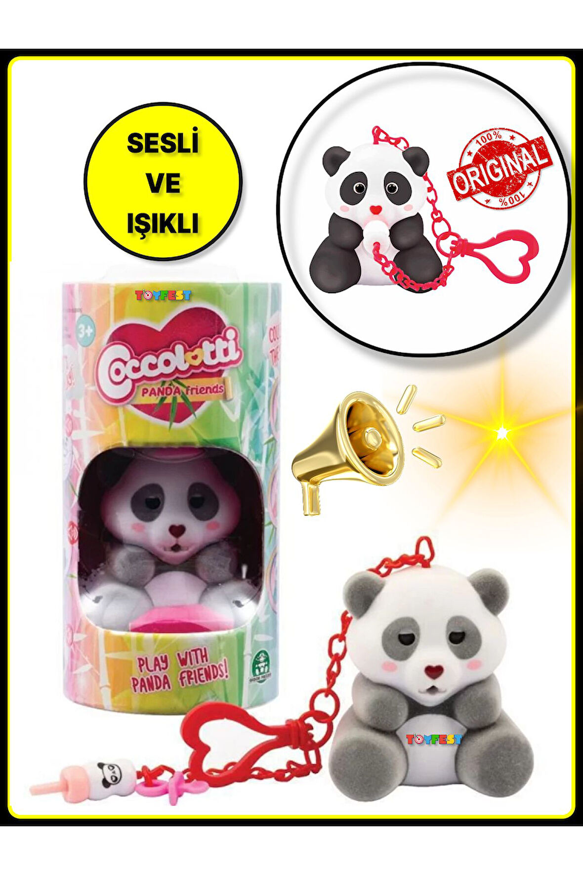 Coccolotti Interaktif Sesli Ve Işıklı Sevimli Pandalar Anahtarlık & Çanta Aksesuarı - Siyah Panda