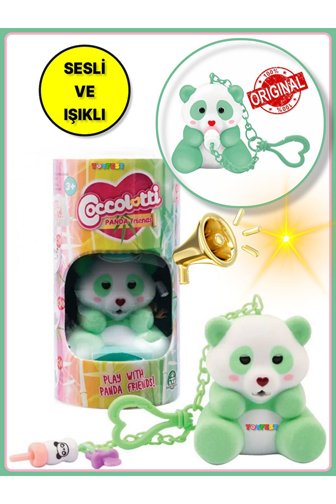 Coccolotti İnteraktif Sesli ve Işıklı Sevimli Pandalar Anahtarlık & Çanta Akesesuarı - Yeşil Panda