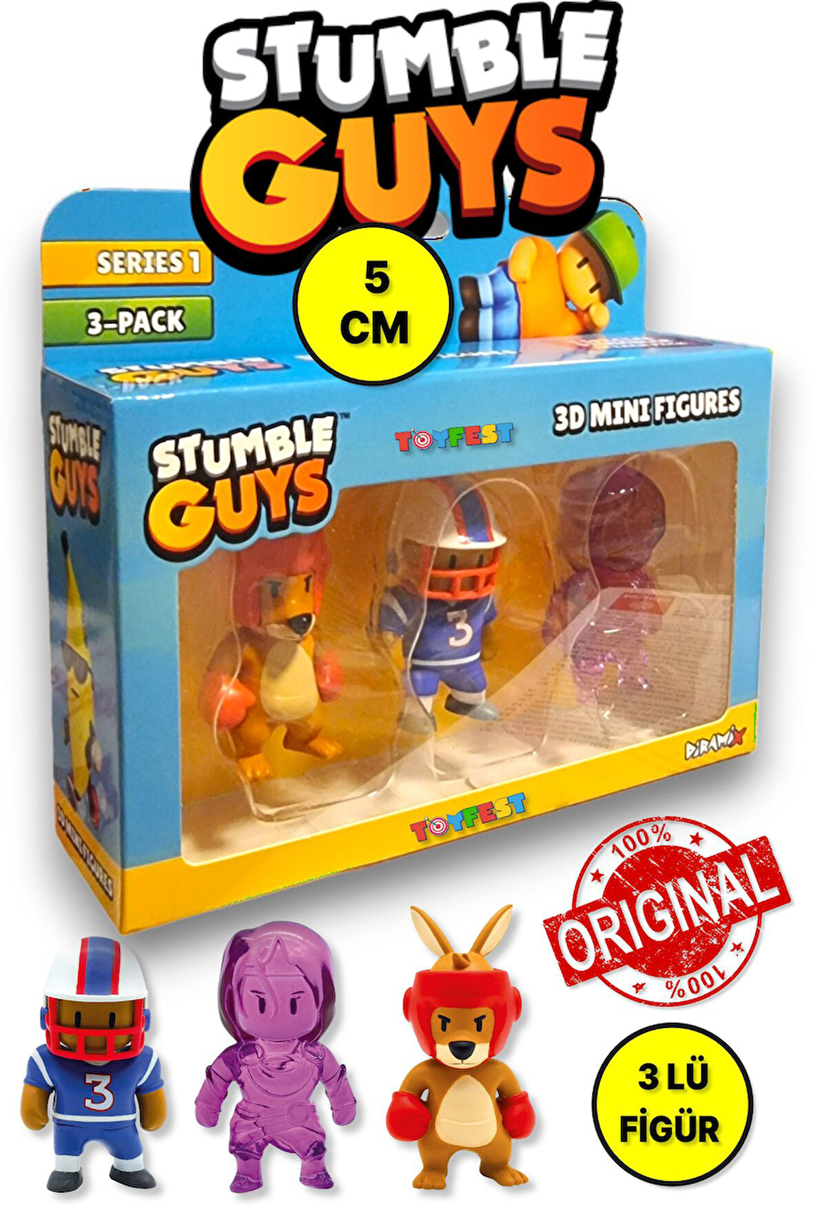 Stumble Guys Seri 1 - 3D Mini 3 lü Figür Seti - 3 ADET Boxing Roo Quarterback Amethyst Nyx - 5 cm