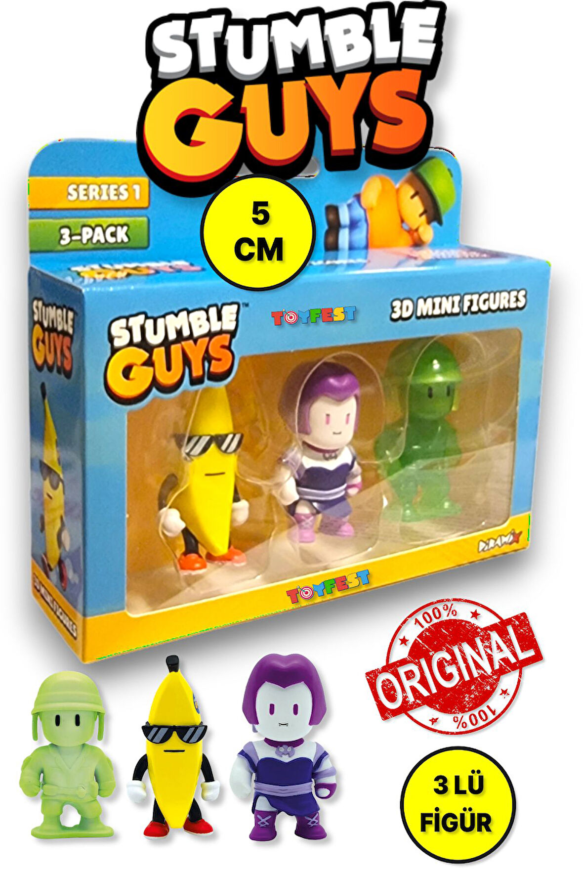 Stumble Guys Seri 1 - 3D Mini 3 lü Figür Seti - 3 ADET Banana Guy Lilith Army Man Glows - 5 cm