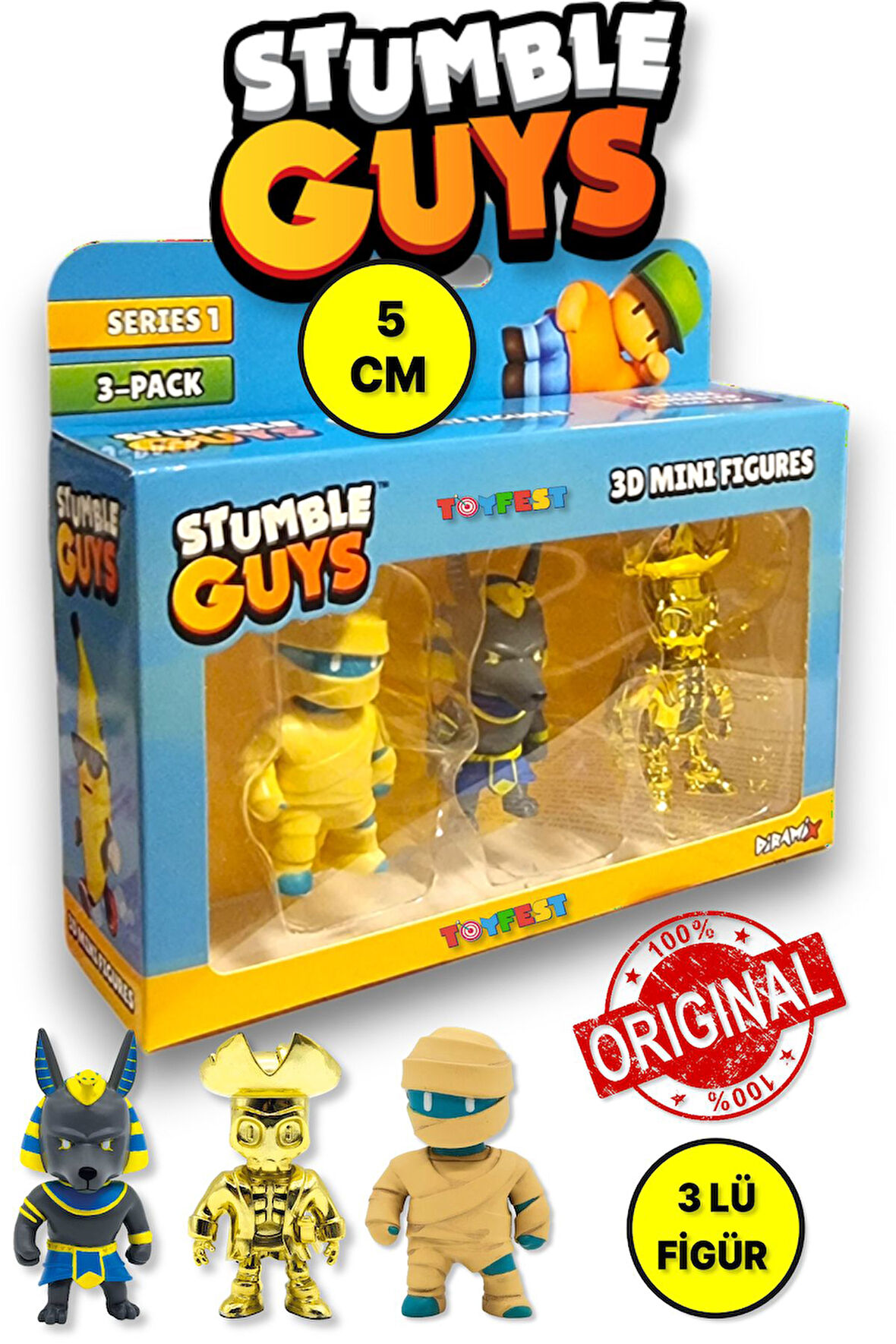 Stumble Guys Seri 1 - 3D Mini 3 lü Figür Seti - 3 ADET Hatshepsut Anubis Krom Goldheart - 5 cm