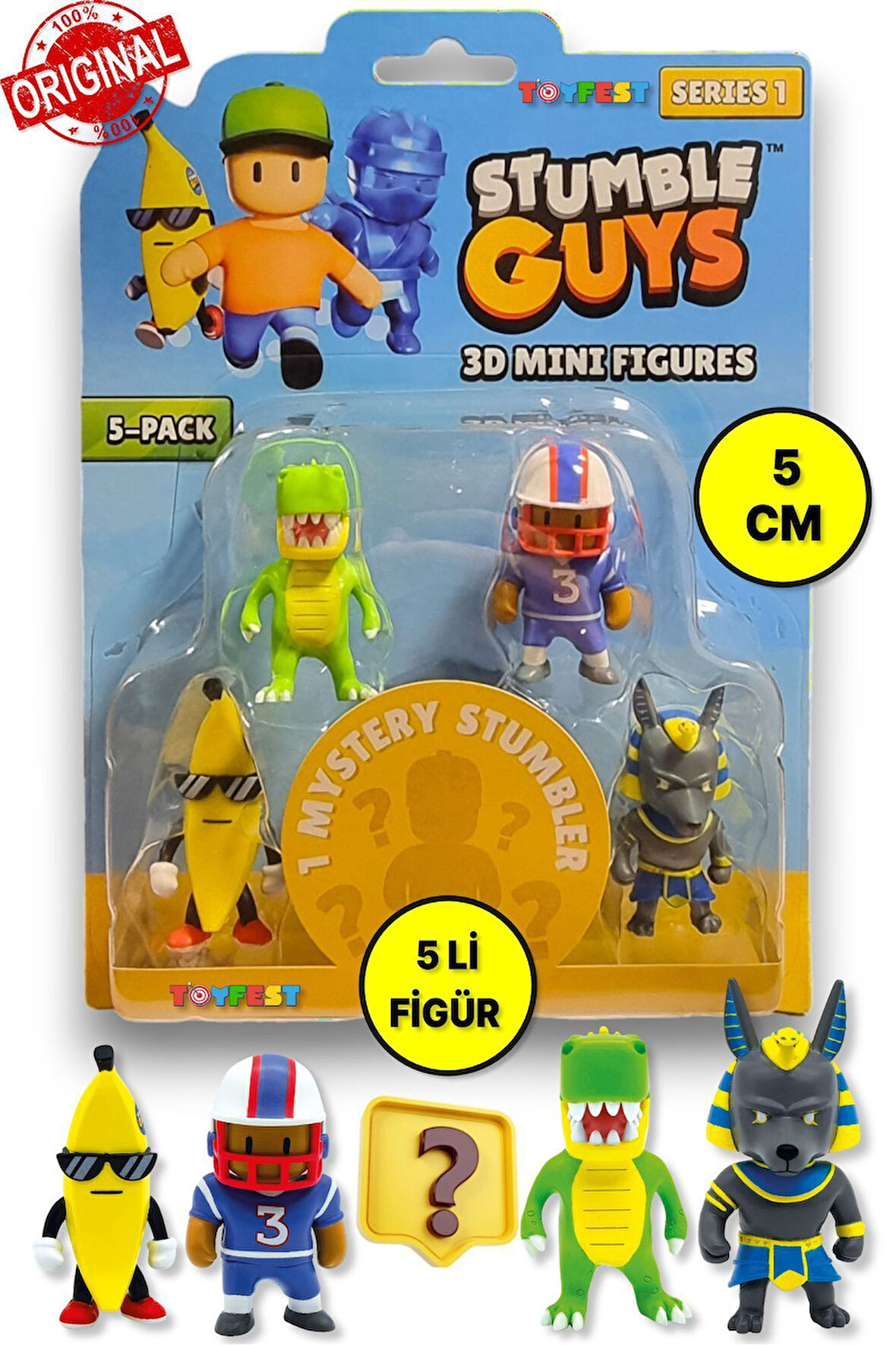 Stumble Guys Seri 1 - 3D Mini 1 i Sürpriz olan 5 li Figür Seti - T-rex Quarterback Banana Guy Anubis