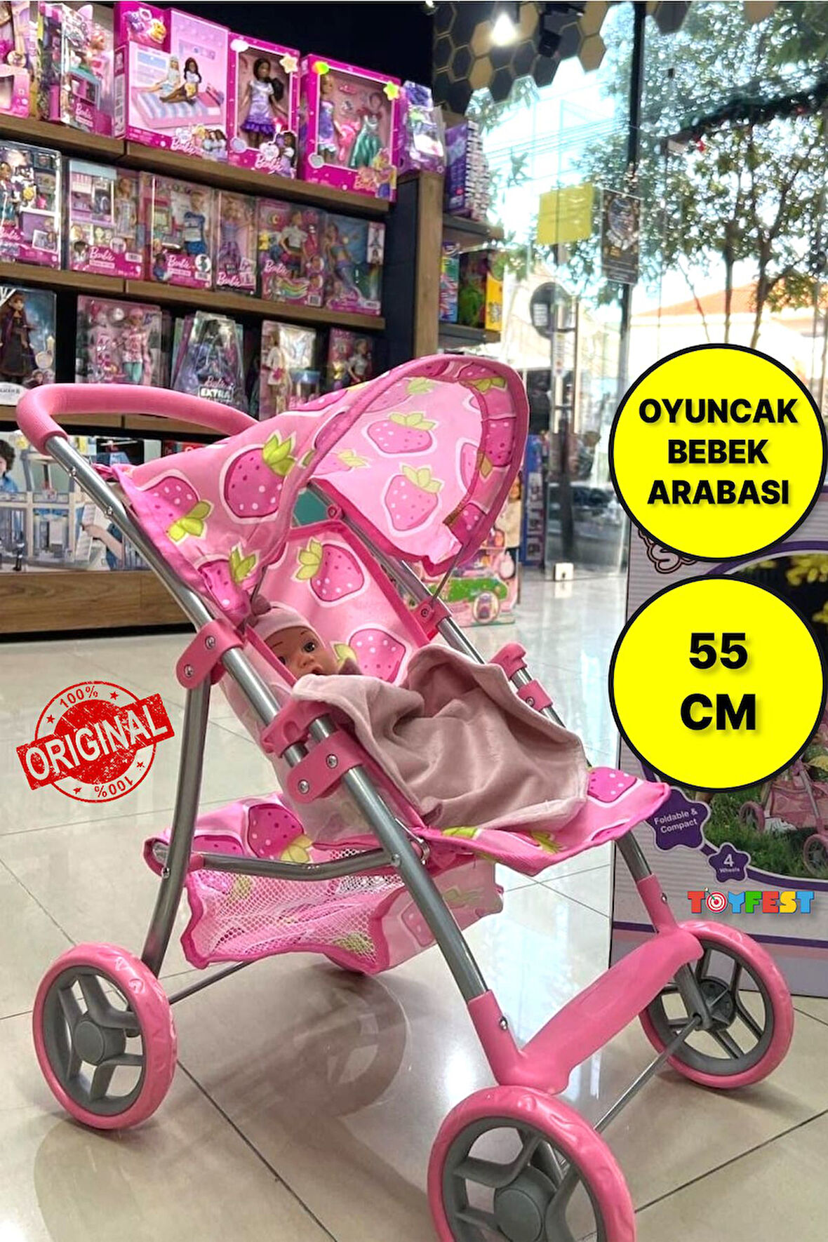 4 Tekerlekli Metal İskeletli Katlanabilir Çilek Desenli Çocuk Oyuncak Bebek Arabası Puset - 55 CM