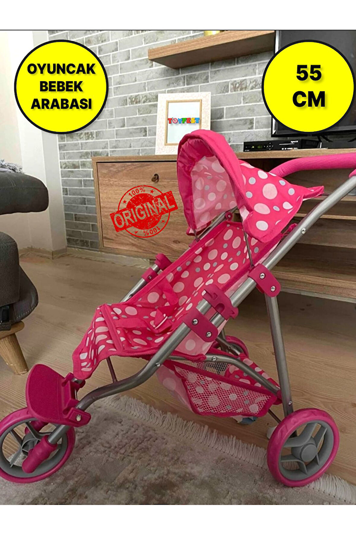 3 Tekerlekli Metal İskeletli Katlanabilir Puantiye Desenli Çocuk Oyuncak Bebek Arabası Puset - 55 CM