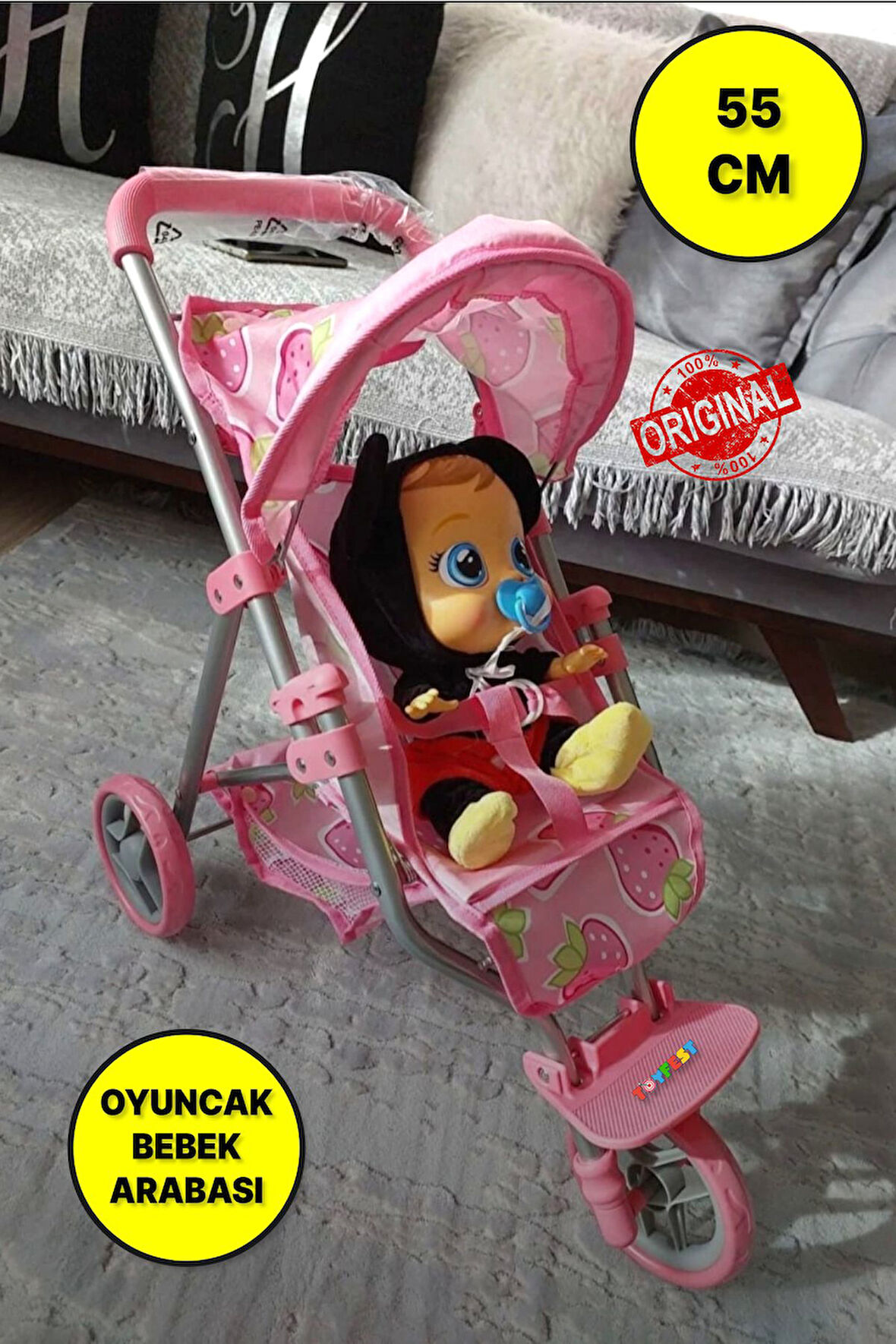 3 Tekerlekli Metal İskeletli Katlanabilir Çilek Desenli Çocuk Oyuncak Bebek Arabası Puset - 55 CM