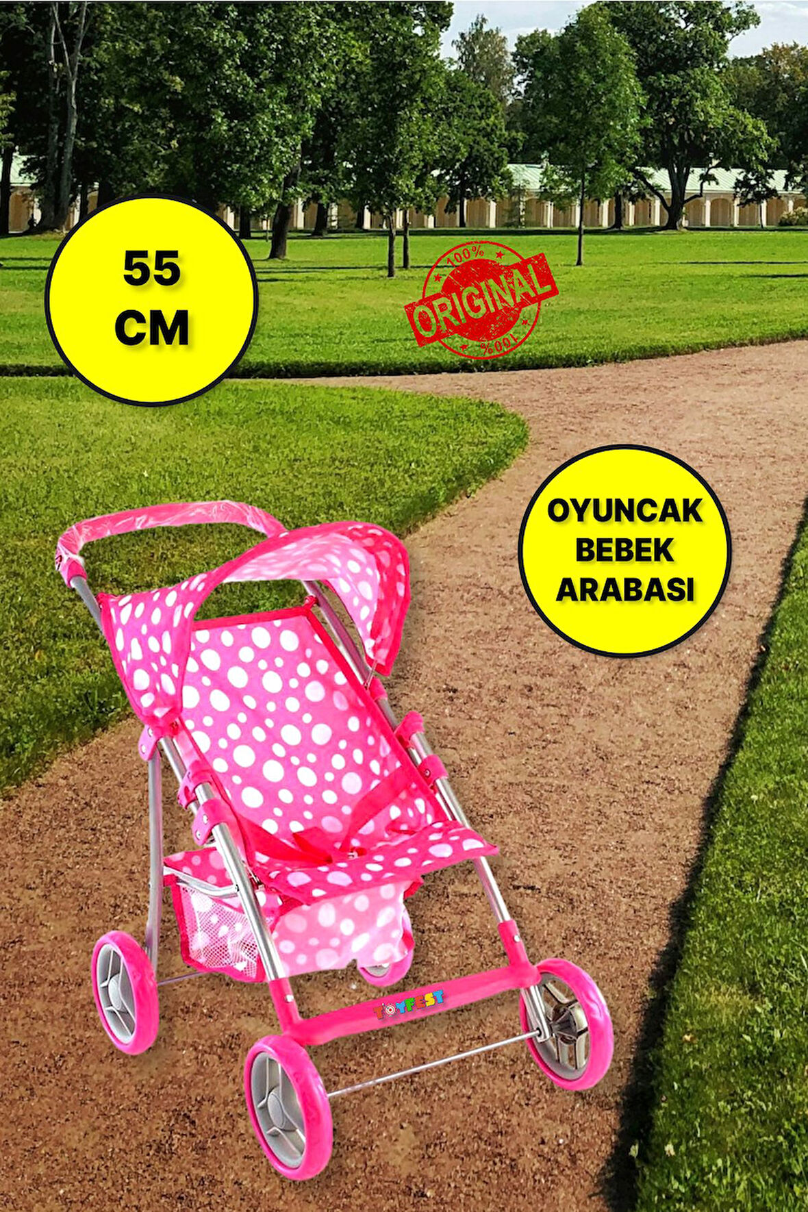 4 Tekerlekli Metal İskeletli Katlanabilir Puantiye Desenli Çocuk Oyuncak Bebek Arabası Puset - 55 CM