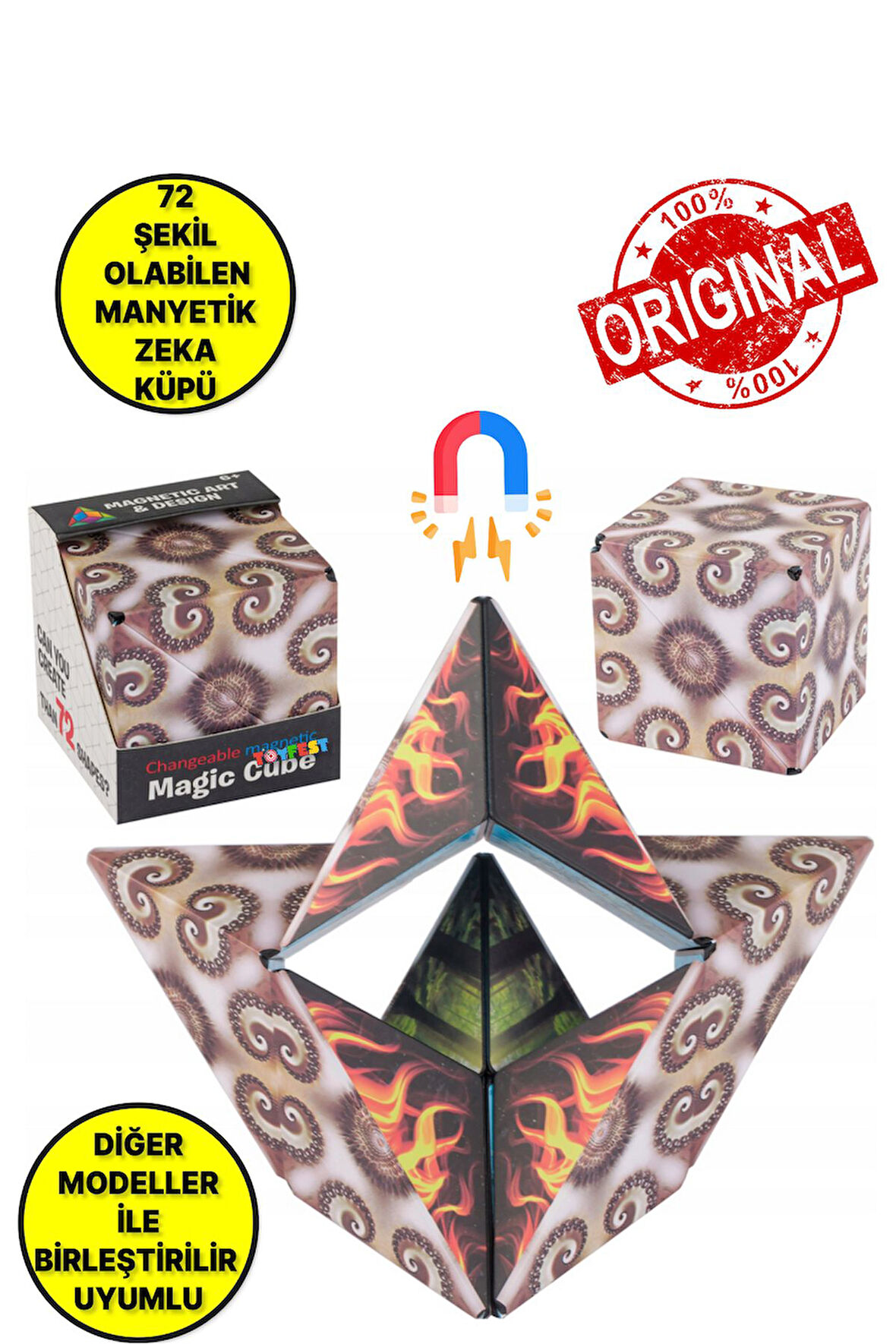 3 Boyutlu Stress Giderici Manyetik Geometrik Mozaikli Mıknatıslı Akıl Zeka Rübik Küp - Kahverengi