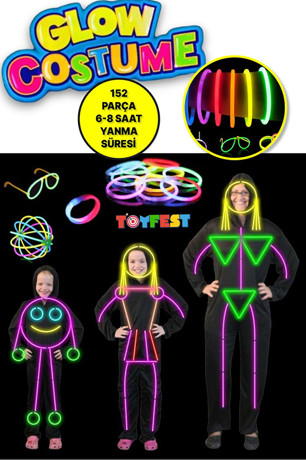 Bileklikli Küpeli Yüzüklü Stickerlı Lüks Glow Kostüm Parti Seti - 152 Parça