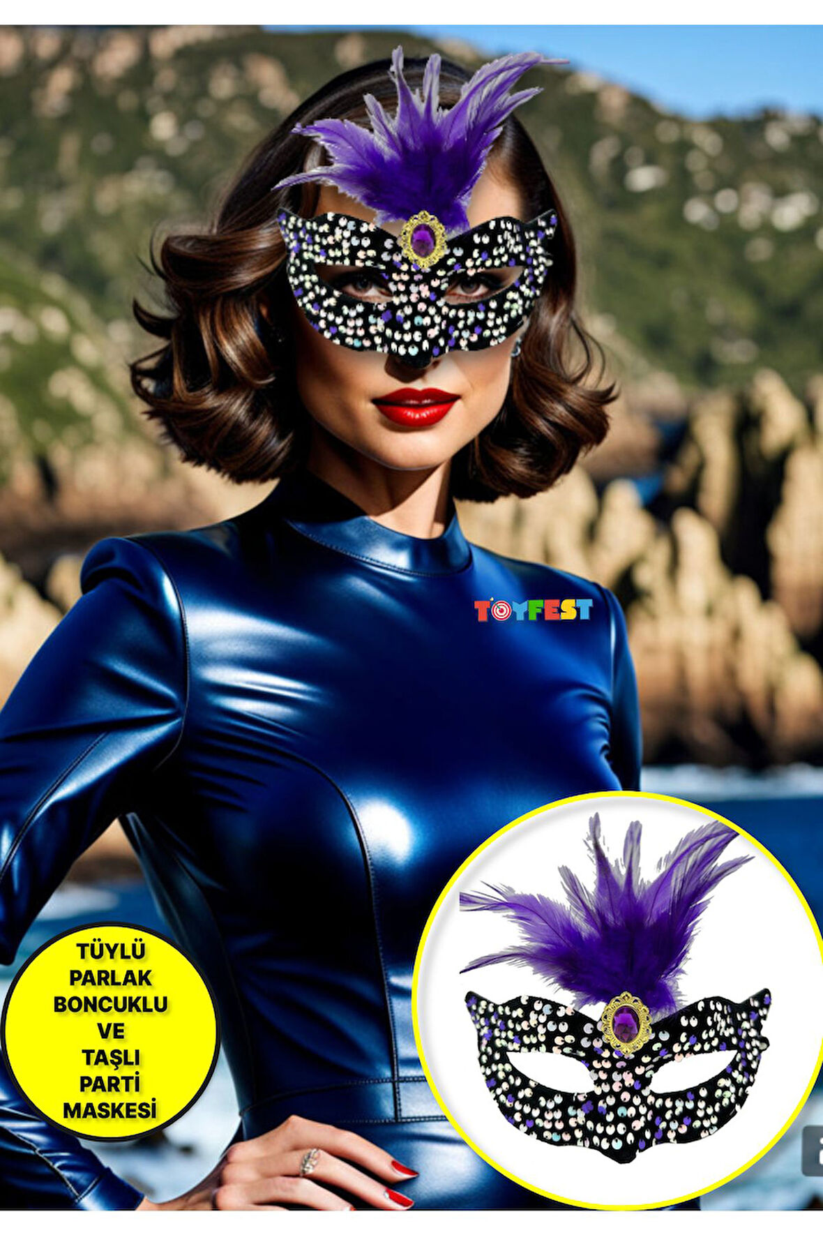 Siyah Kadife Üzeri Rengarenk Payetli Pullu Mor Tüylü Mor Taşlı Parti Maskesi 19x21 cm