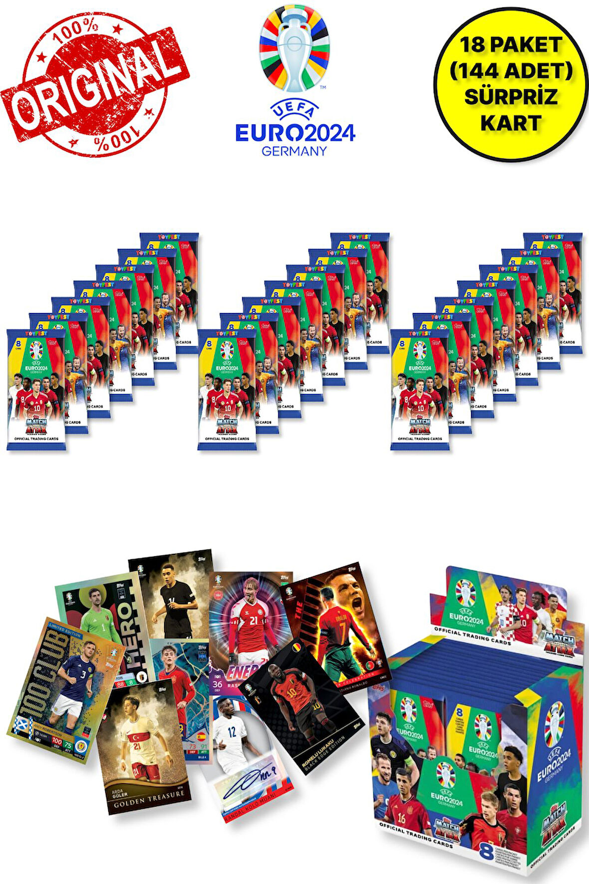 ALMANYA EURO 2024 Avrupa Şampiyonası Match Attax - 18 ADET Futbolcu Kart Paketi (144 Adet Kart)