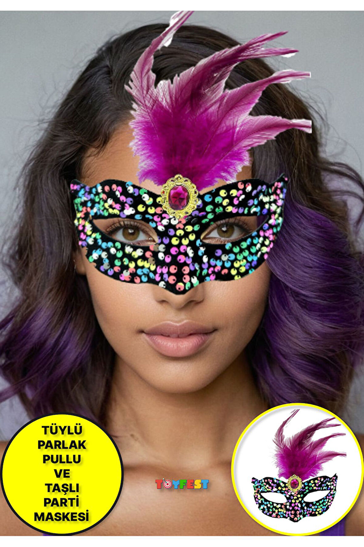 Siyah Kadife Üzeri Rengarenk Payetli Pullu Pembe Tüylü Pembe Taşlı Parti Maskesi 19x21 cm