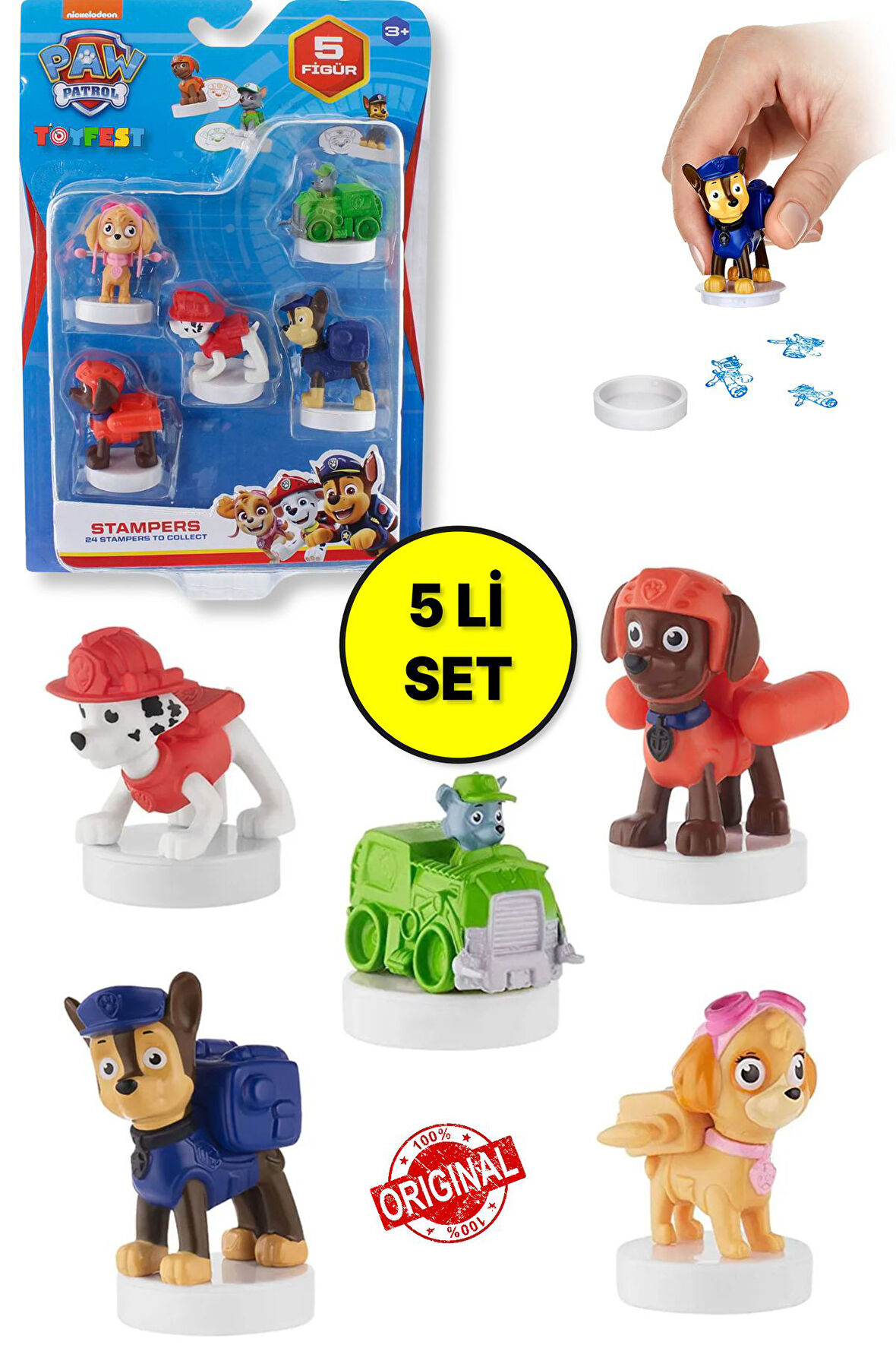 Paw Patrol Damgalı Mühürlü 5 li Figür Seti ( Chase - - Zuma - Rocky - Skye ) - 4 - 7 CM