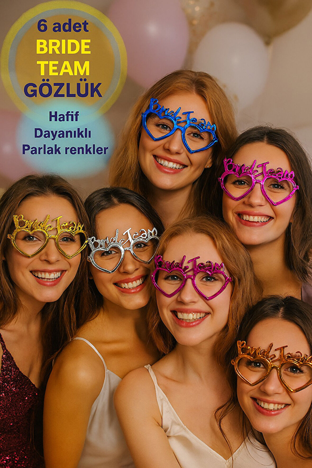 6 ADET Renkli Bride Team Yazılı Nedime Gözlükleri 15x10 cm