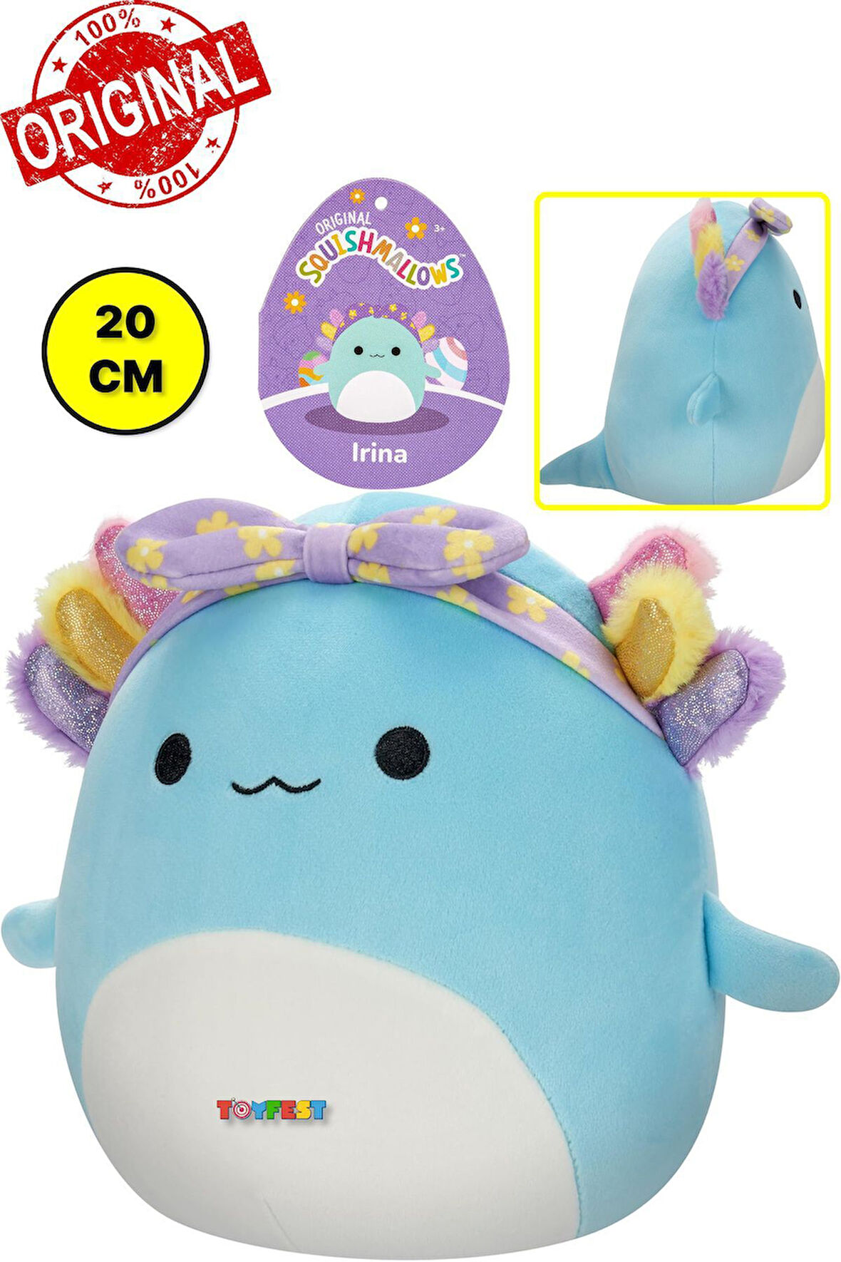 Squishmallows Gökkuşağı Solungaçları ve Mor Kafa Bandı ile IRINA Yumuşak Pürüzsüz Peluş - 20 cm