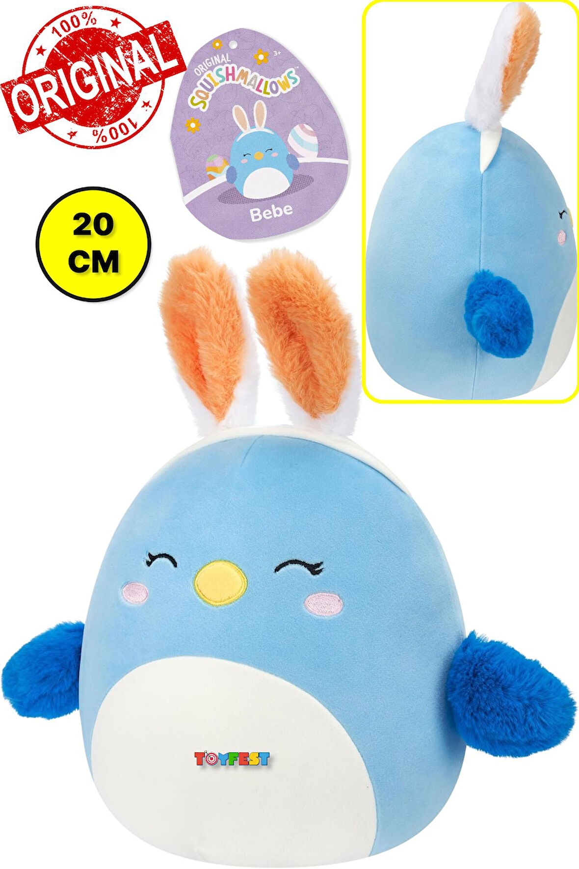 Squishmallows Tavşan Kulaklı Mavi Kuş BEBE Yumuşak Pürüzsüz Peluş Oyuncak - 20 cm