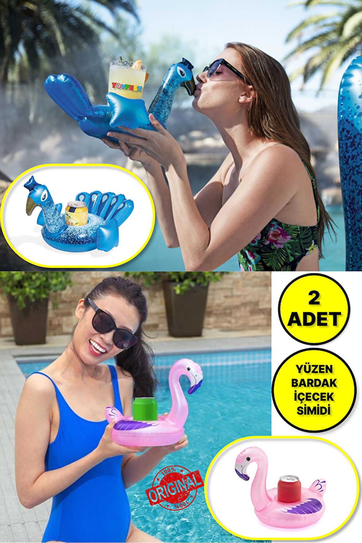 2 ADET - Havuz Deniz de Pelikan ve Tavus Kuşu Modelli Şişme Yüzen İçecek Bardak Tutacağı BW34127