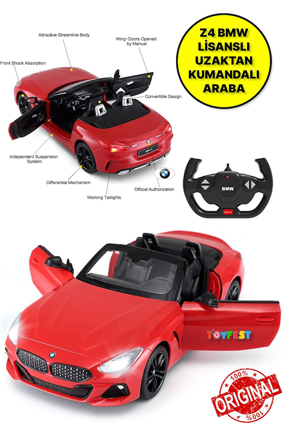 BMW Z4 Uzaktan Kumandalı Işıklı Lisanslı Araba - Kırmızı - 1:14