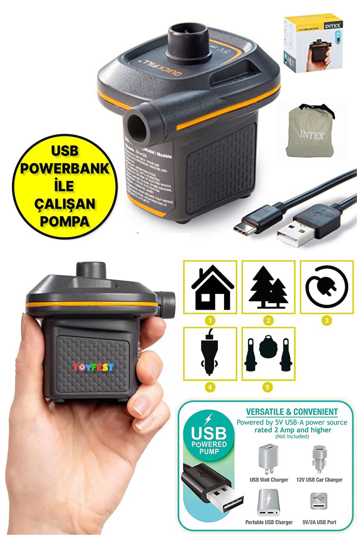 Usb Girişli Çoklu Enerji Çıkışlı Ev Kamp Portatif Mini Yatak Havuz Şişirme Pompası