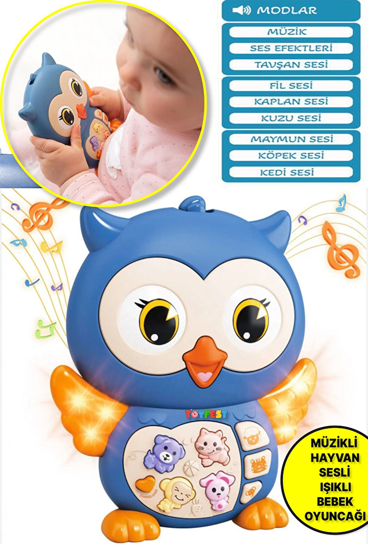 Hayvan Sesleri Çıkaran Işıklı Müzikli Baykuş Modelli İnteraktif Bebek Eğitici Tuşlu Oyuncak - Mavi