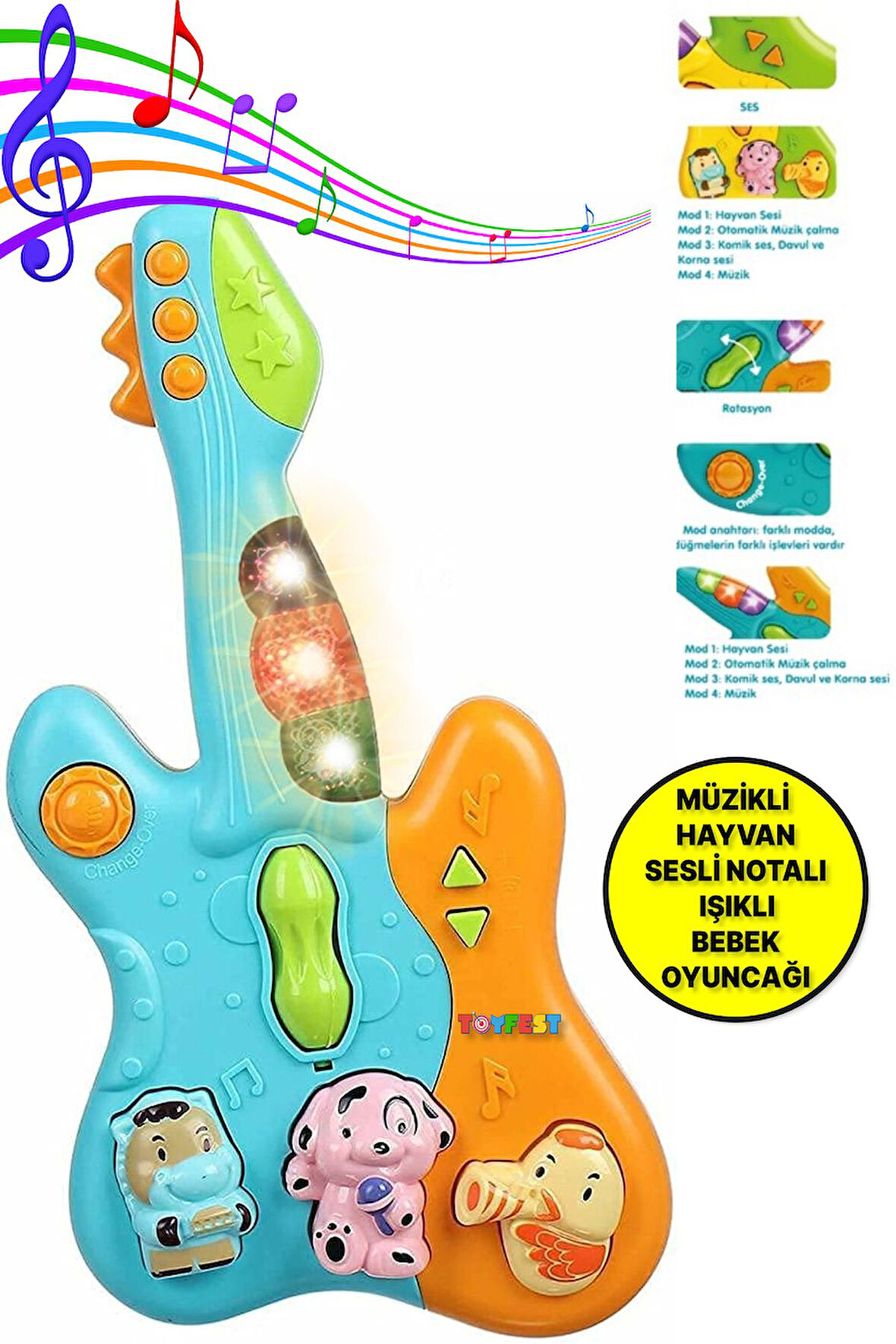 Hayvan Sesleri Çıkaran Işıklı Ninnili Müzikli Gitar İnteraktif Bebek Eğitici Tuşlu Oyuncak - Mavi