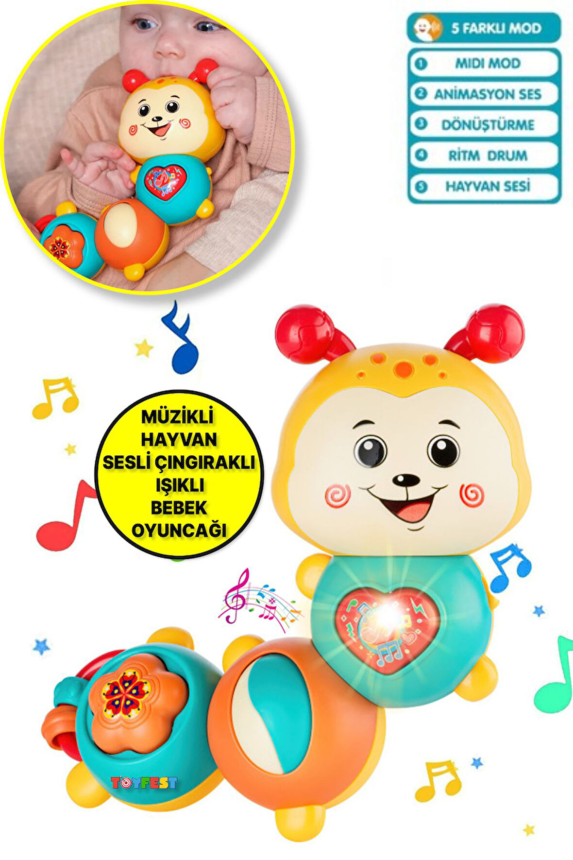 Çıngıraklı Işıklı Ninnili Müzikli Tırtıl Şekilli İnteraktif Bebek Eğitici Tuşlu Oyuncak - Sarı