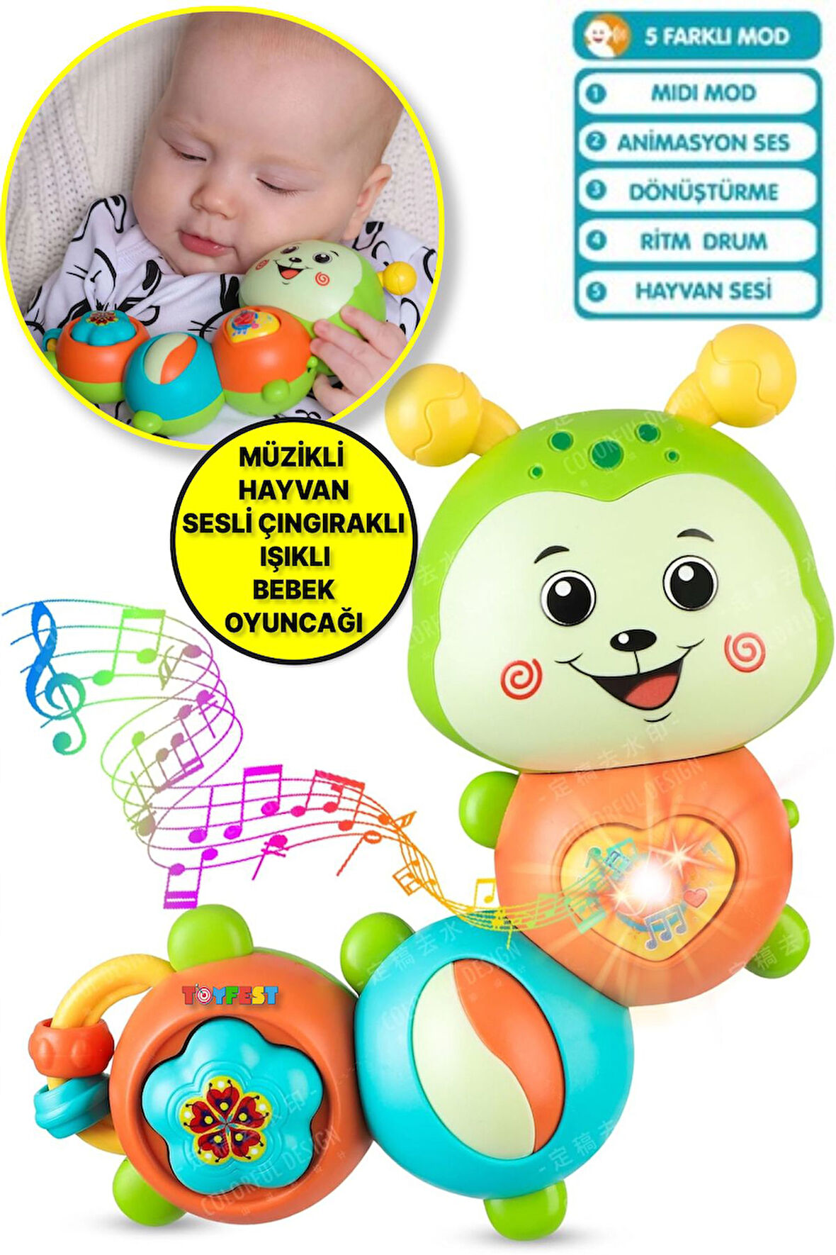 Çıngıraklı Işıklı Ninnili Müzikli Tırtıl Şekilli İnteraktif Bebek Eğitici Tuşlu Oyuncak - Yeşil