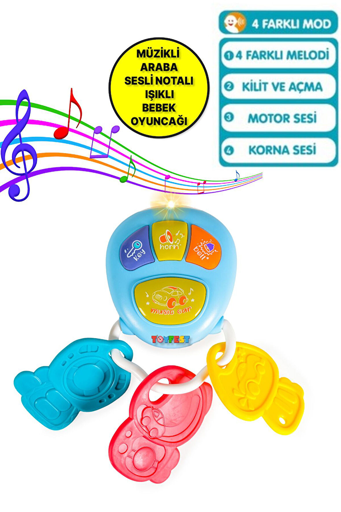 Araba Sesleri Çıkaran Işıklı Ninnili Müzikli Anahtarlık İnteraktif Bebek Eğitici Tuşlu Oyun - Mavi