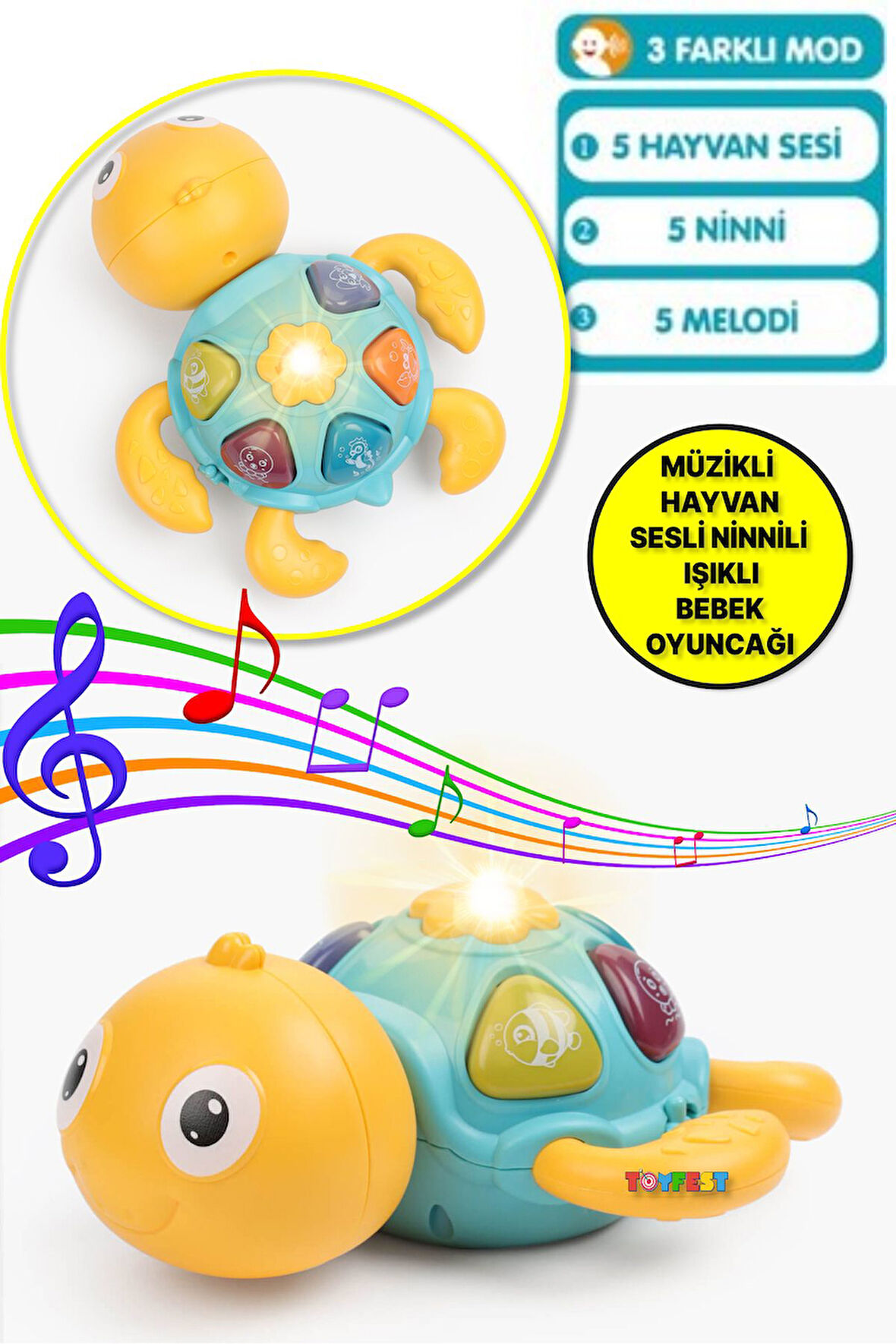 Deniz Canlıları Sesi Çıkaran Işıklı Müzikli Kaplumbağa İnteraktif Bebek Eğitici Tuşlu Oyuncak Sarı