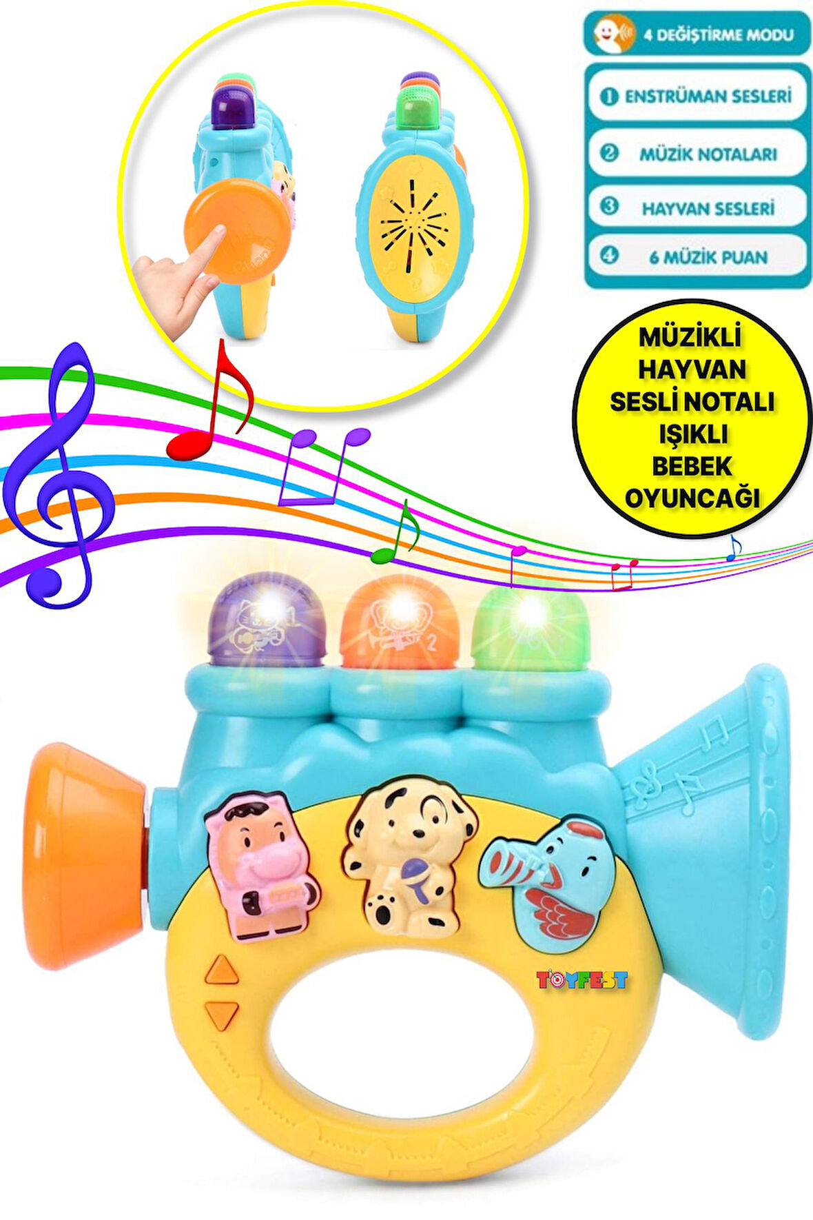 Hayvan Sesleri Çıkaran Işıklı Notalı Ninnili Müzikli Trompet İnteraktif Bebek Eğitici Tuşlu Oyuncak