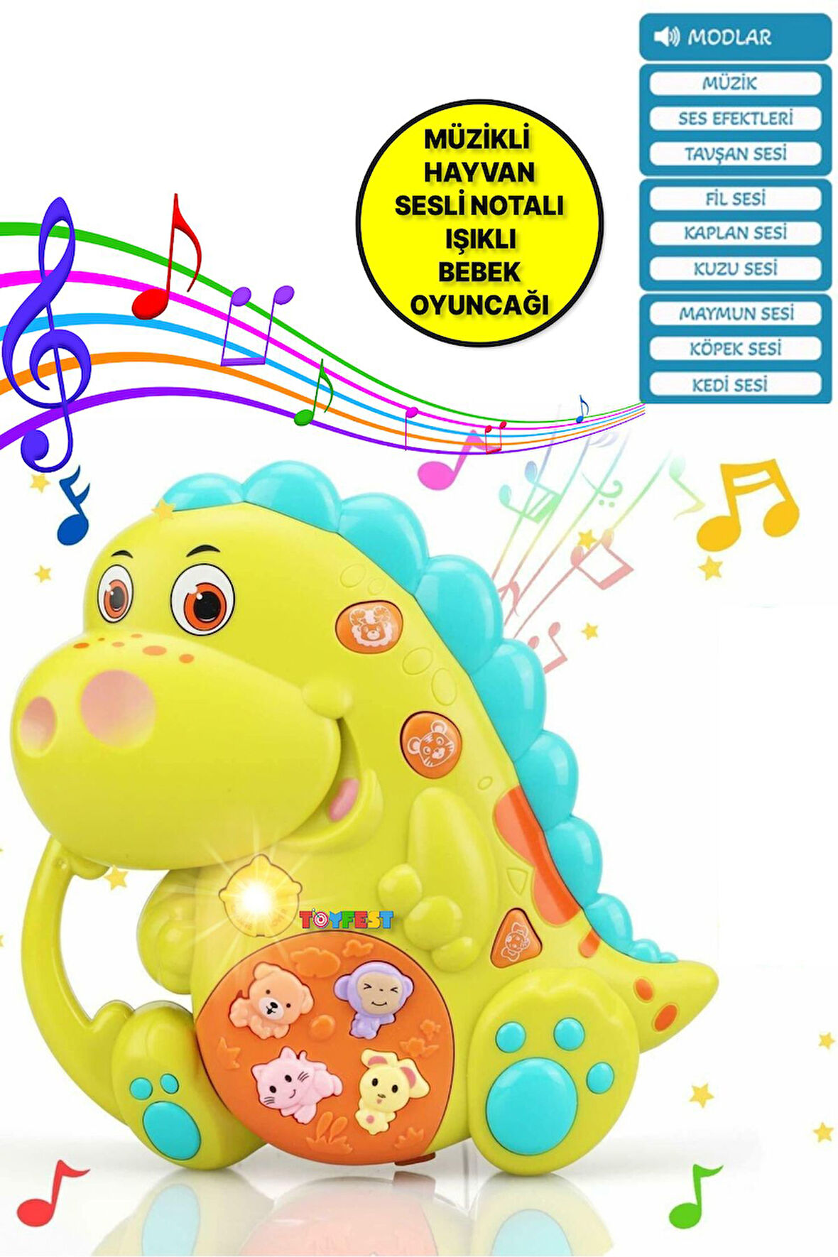 Hayvan Sesleri Çıkaran Tuşlu Işıklı Notalı Ninnili Müzikli Dinazor İnteraktif Bebek Eğitici - Yeşil
