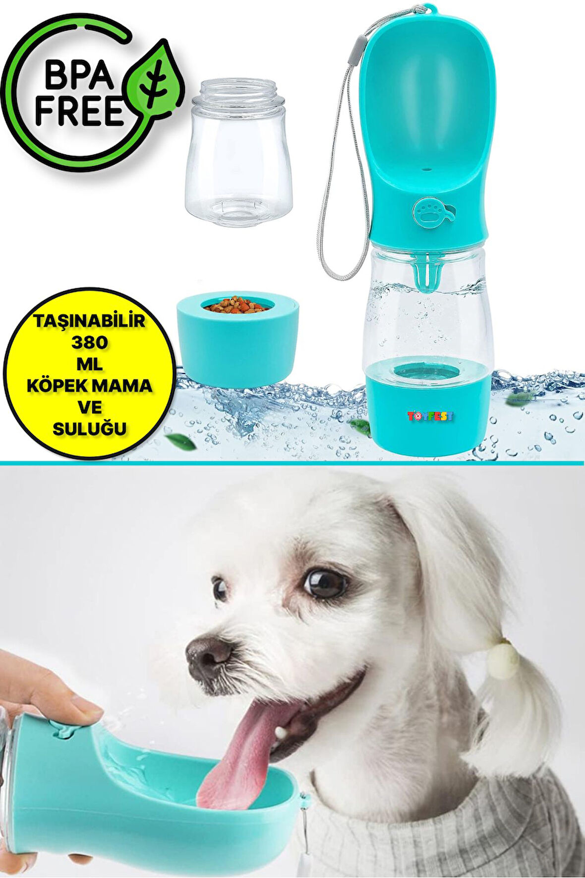 Taşınabilir Mama Hazneli Evcil Hayvan Suluğu Seyahat Kabı Kilitlenebilen Su Sızdırmaz 380ML - Yeşil