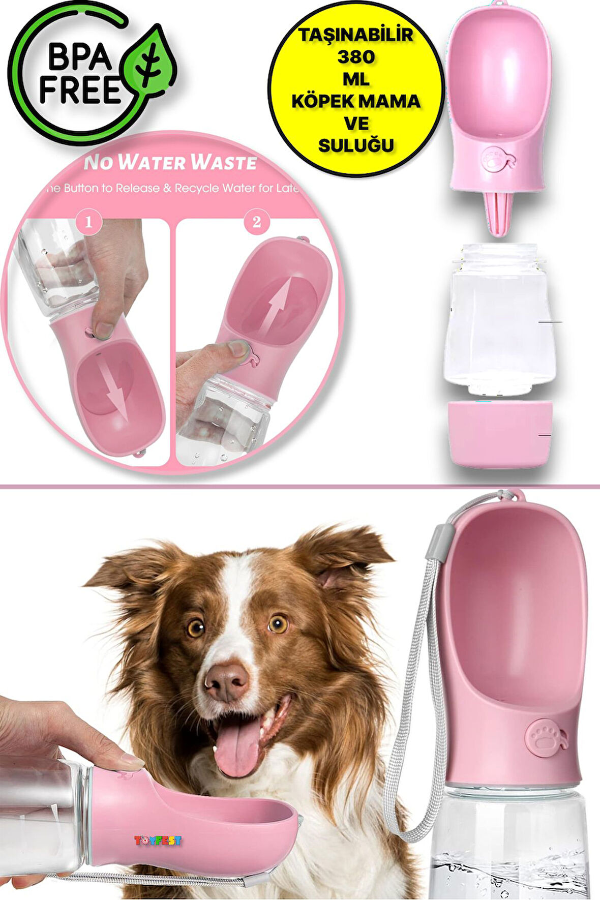 Taşınabilir Mama Hazneli Evcil Hayvan Suluğu Seyahat Kabı Kilitlenebilen Su Sızdırmaz 380ML - Pembe