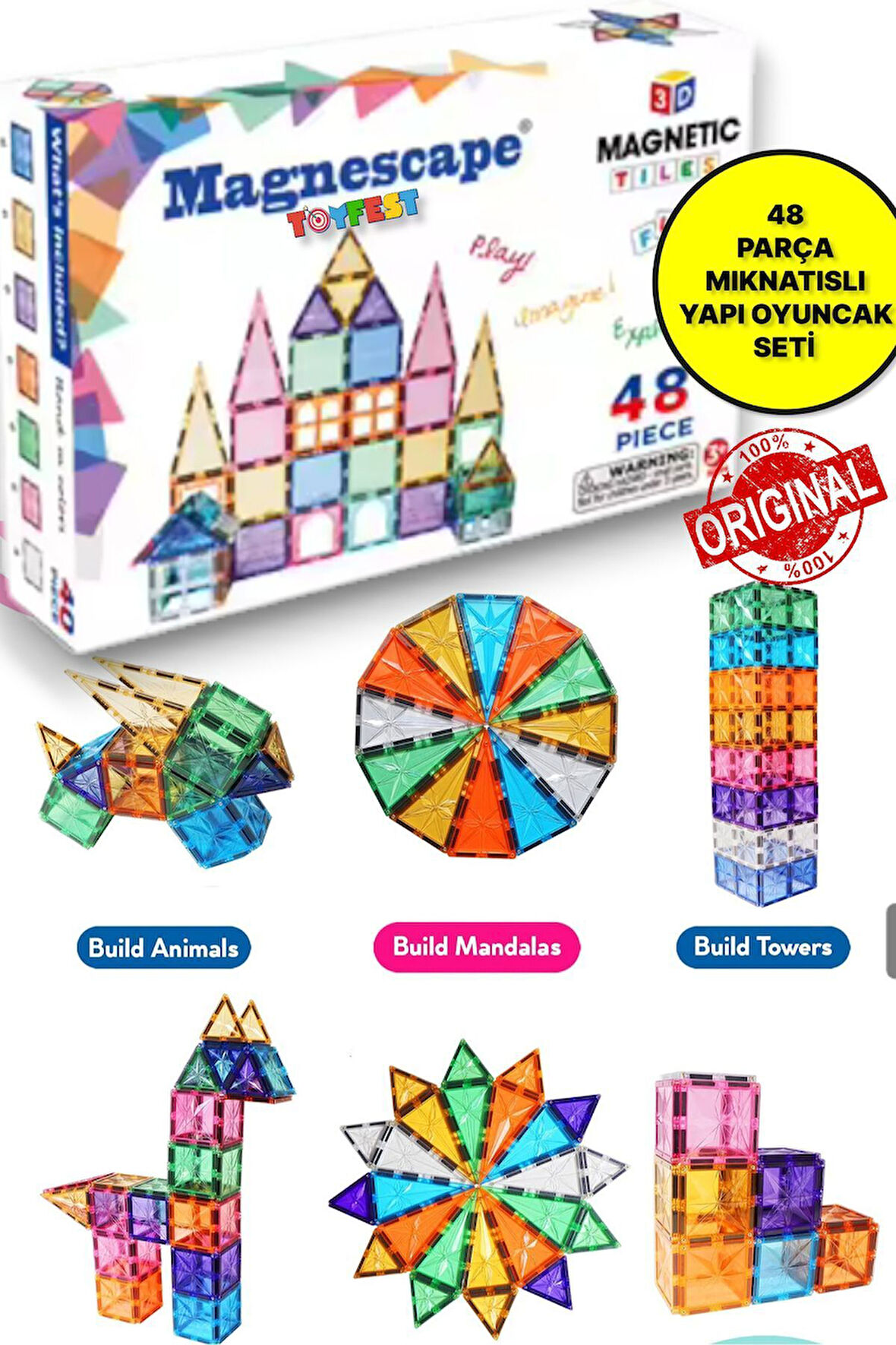 Magnescape Magnetic Tiles Mıknatıslı 3D Yapı Oyuncağı Seti - 48 Parça