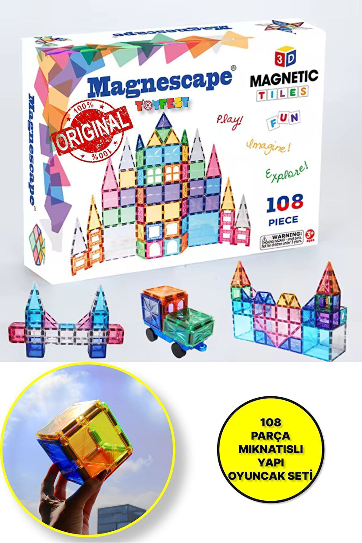 Magnescape Magnetic Tiles Mıknatıslı 3D Yapı Oyuncağı Seti  - 108 Parça