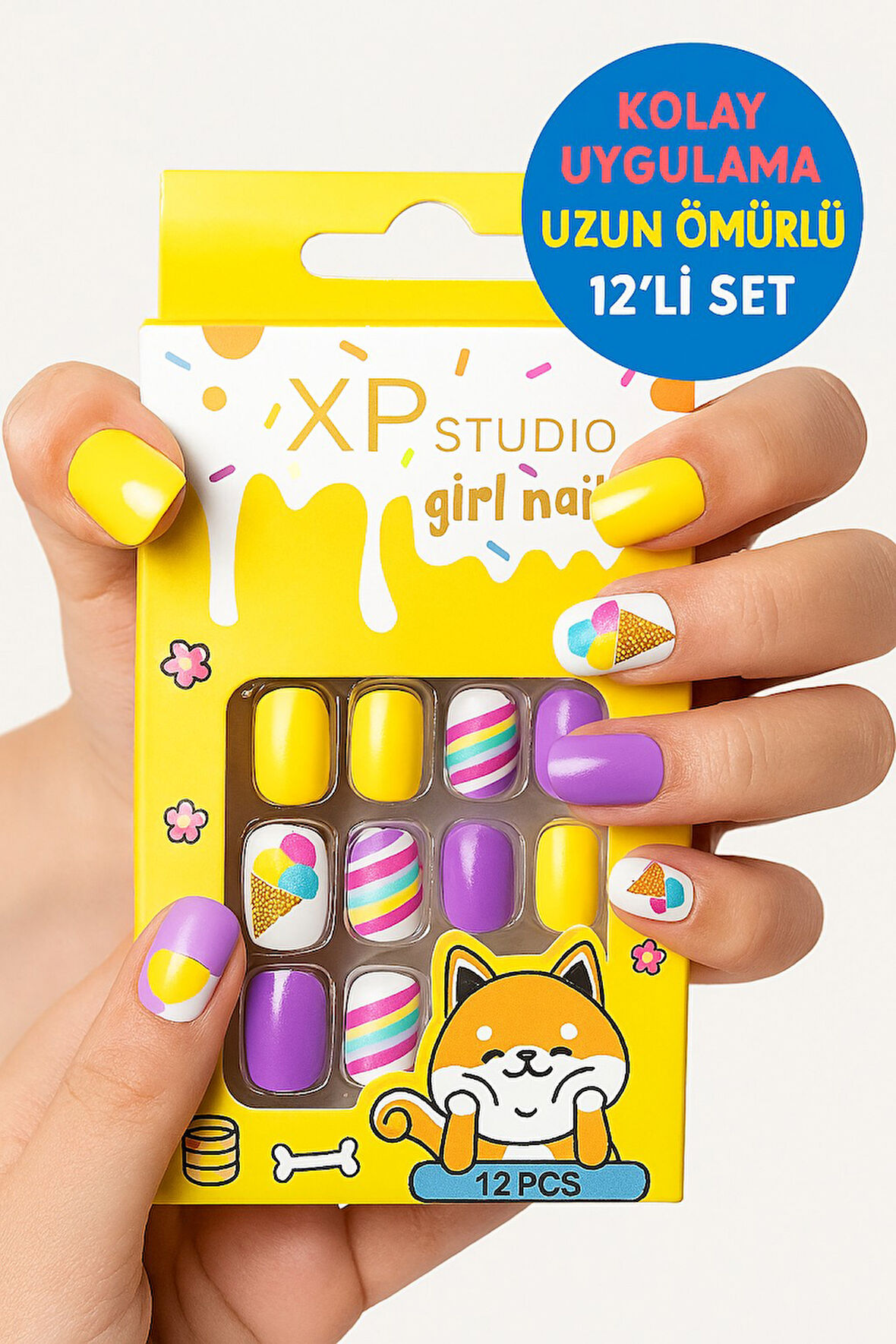 12 li Yapışkan Stickerlı Renkli Baskılı Çocuk Takma Tırnak Oyuncak Seti - 5- 14 Yaş Arası - Model 48