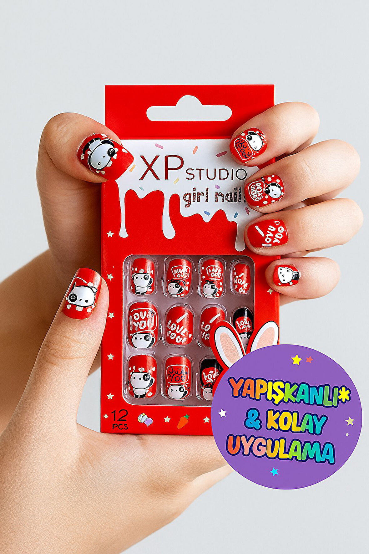 12 li Yapışkan Stickerlı Renkli Baskılı Çocuk Takma Tırnak Oyuncak Seti - 5- 14 Yaş Arası - Model 49
