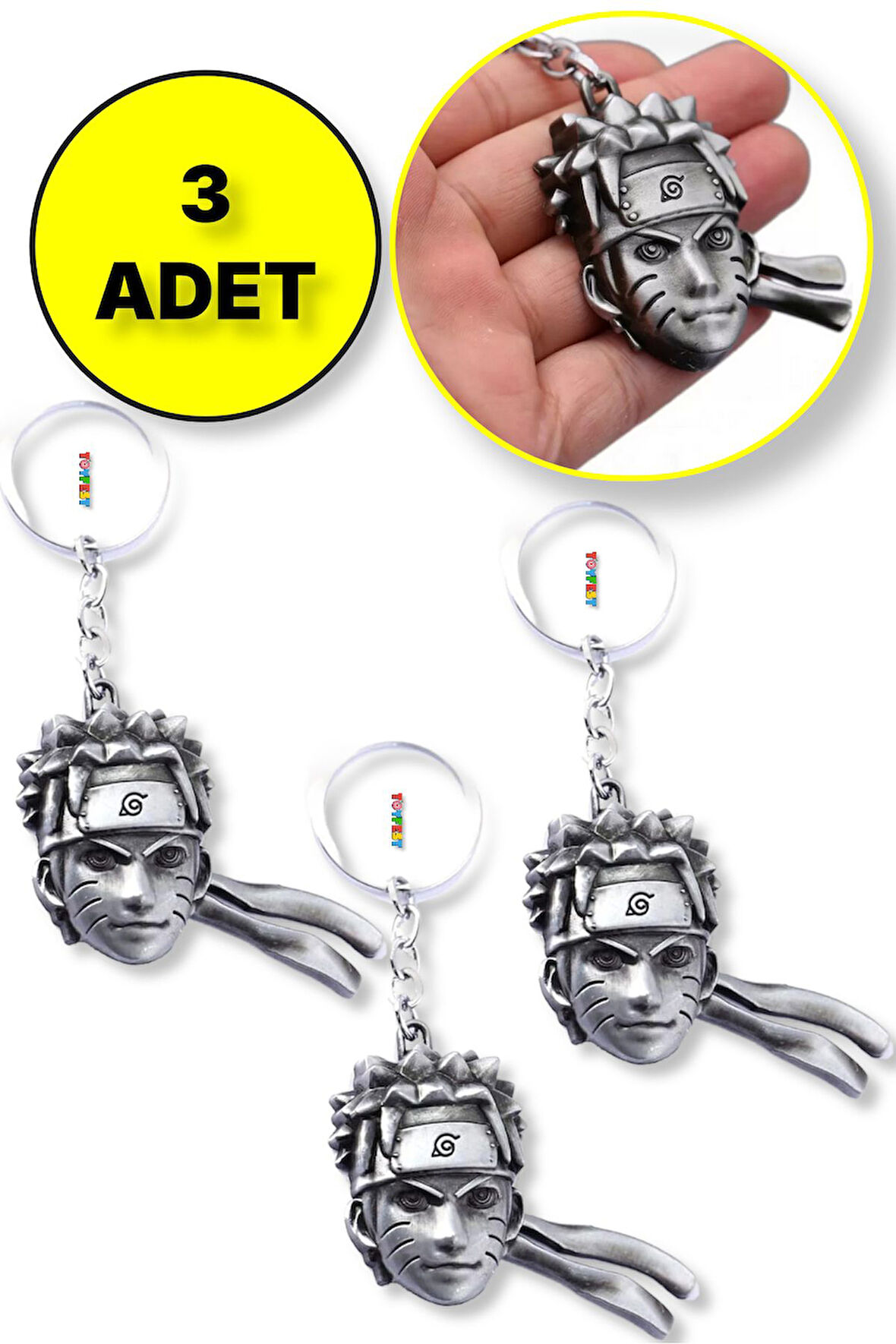 Naruto 3D Büst Figür Metal Anahtarlık - Gümüş Renk - 3 ADET