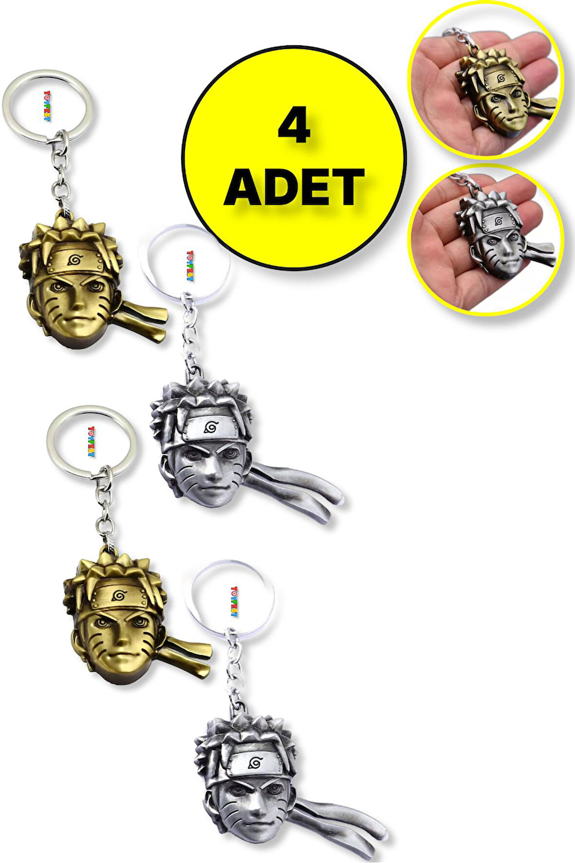 Naruto 3D Büst Figür Metal Anahtarlık - 2 ADET Bakır Renk + 2 ADET Gümüş Renk 4 lü Paket
