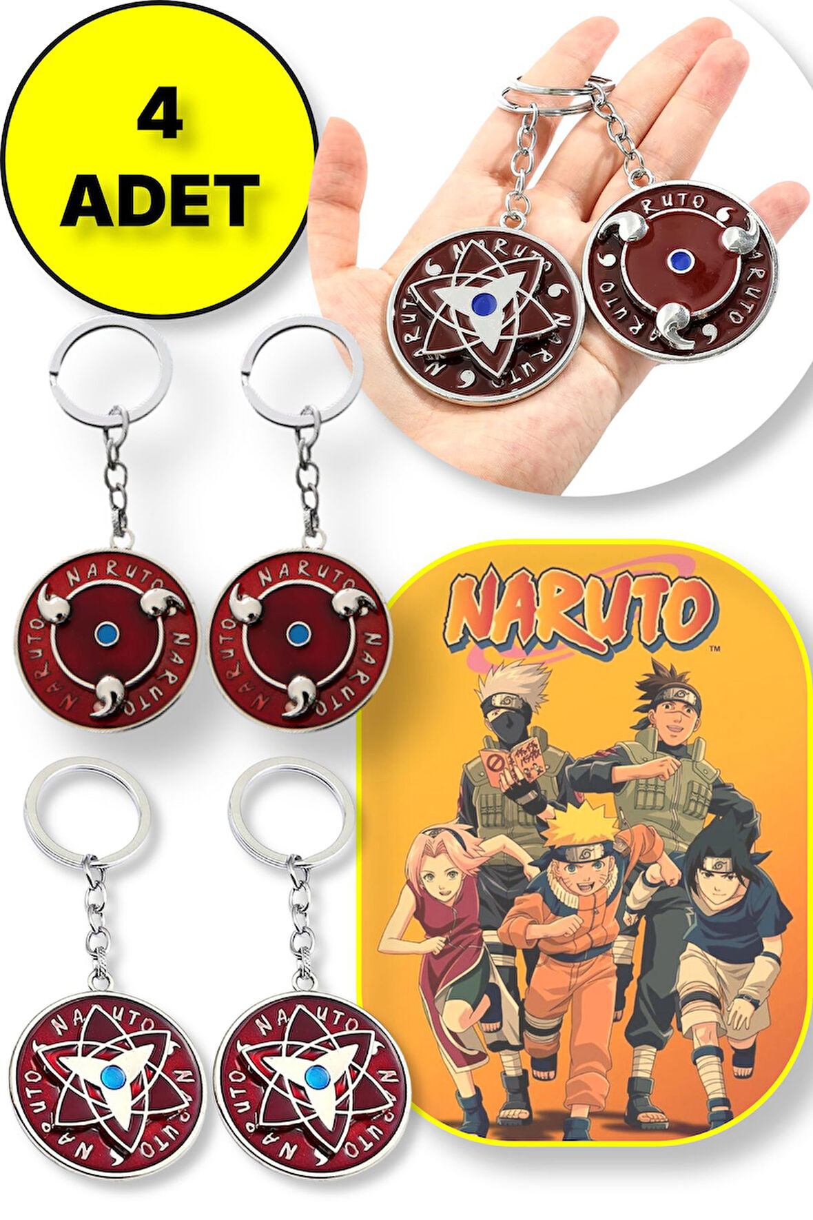 Naruto Figür Metal Anahtarlık - 2 ADET Yıldız Şekil + 2 ADET Dönence Şekil 4 lü Paket