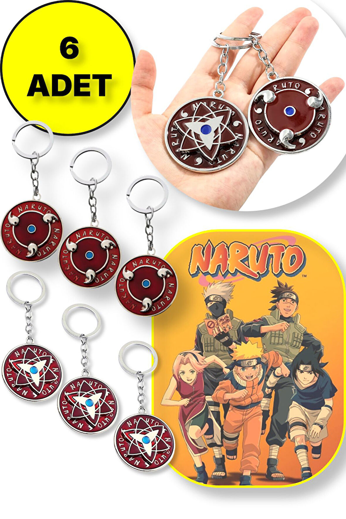 Naruto Figür Metal Anahtarlık - 3 ADET Yıldız Şekil + 3 ADET Dönence Şekil 6 lı Paket