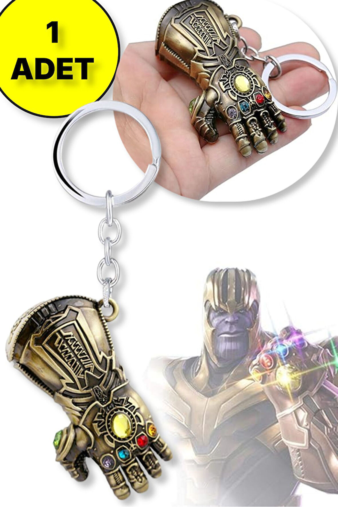 Thanos 3D El Figür Taşlı Metal Anahtarlık - Altın Renk - 1 ADET